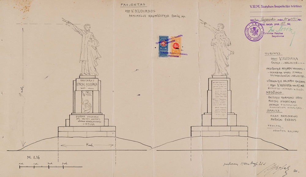 Vinco Grybo daryti Vinco Kudirkos paminklo ir skvero brėžiniai. 1933 m. rugpjūčio 30 d. | LCVA nuotr.