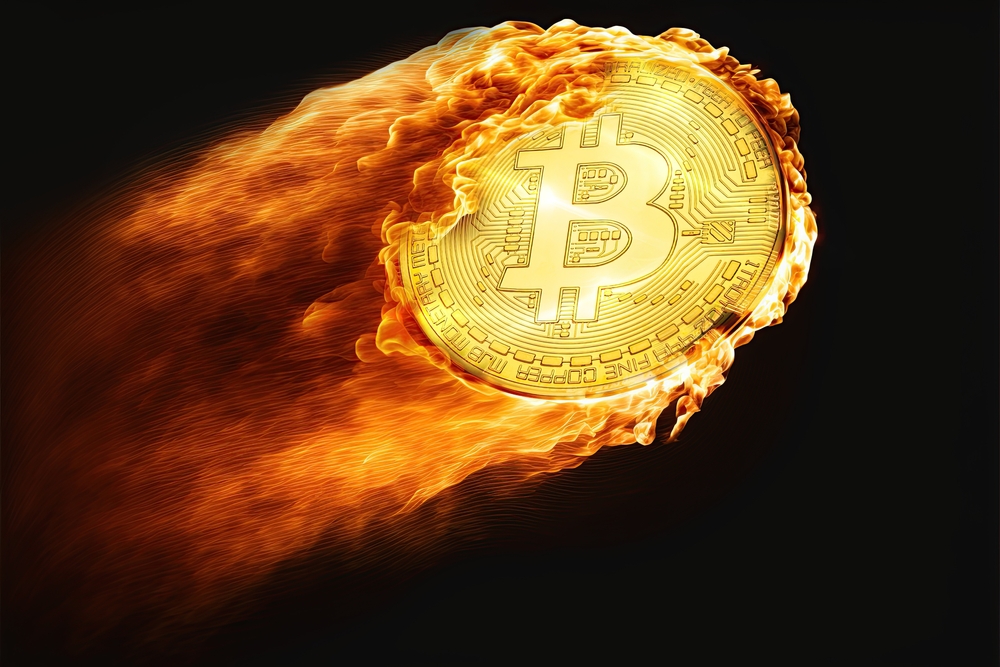 Bitcoin,Crypto currency,With,B,Symbol,On,Fire,Flying,High.,Isolated