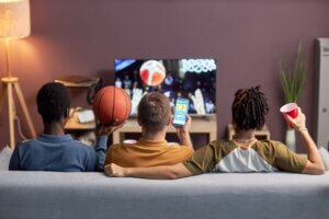 Back,View,At,Diverse,Group,Of,Friends,Watching,Basketball,Match
