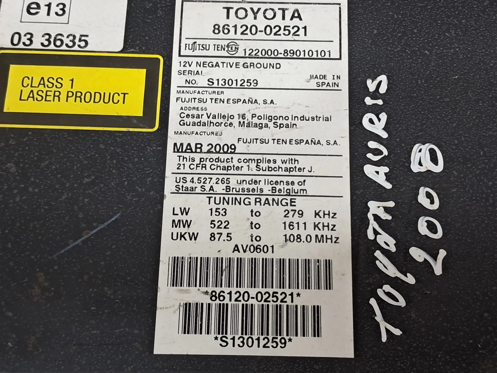 Rádio / auto-rádio TOYOTA Auris Hatchback (_E15_) Imagem-12