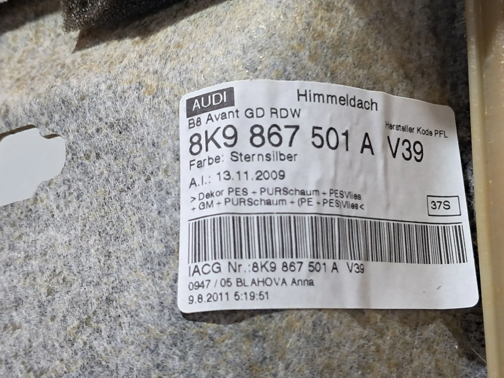 Roof lining AUDI A4 Allroad (8KH, B8) Imagem-8