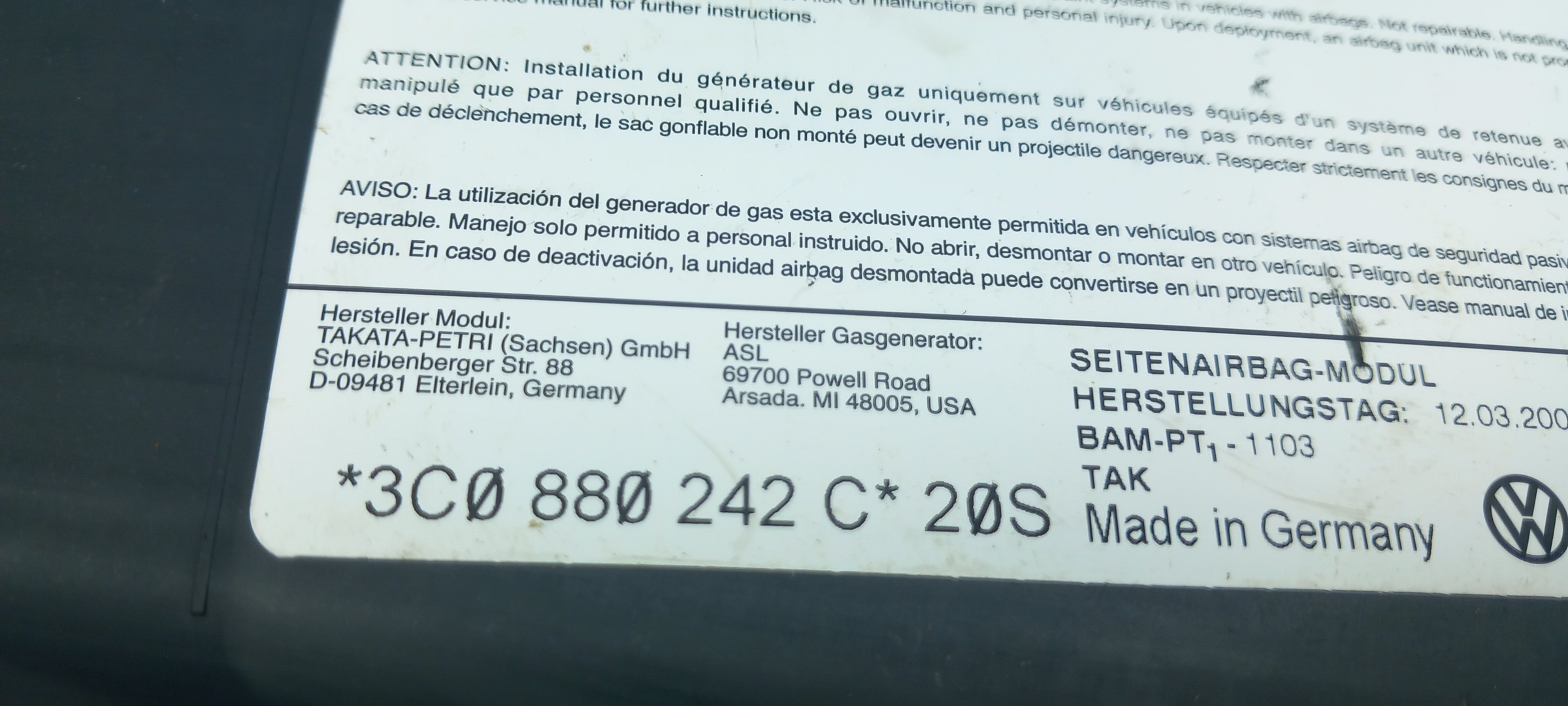 Airbag Derecho VOLKSWAGEN Passat (3C2) Imagem-3