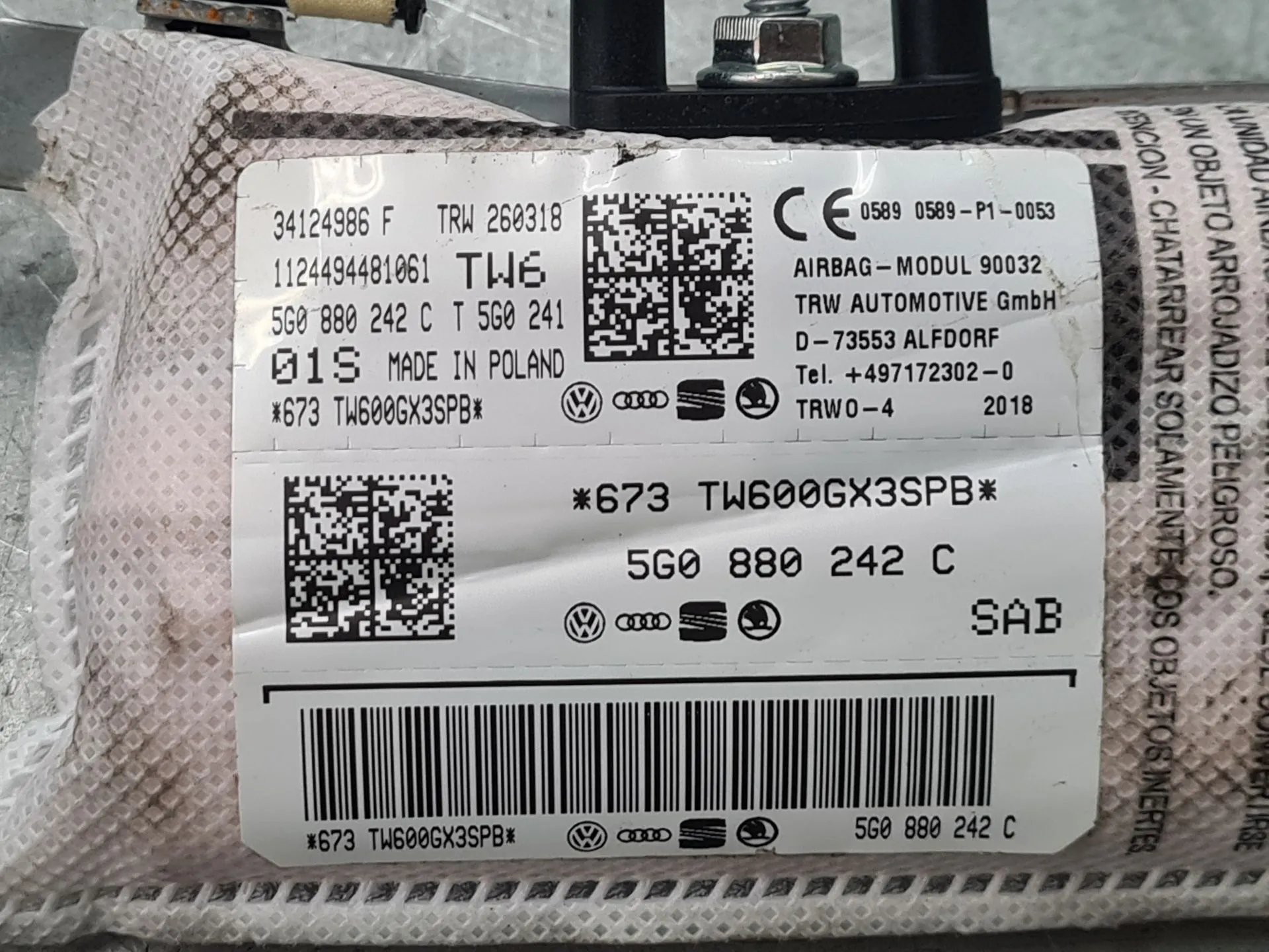 Right Seat Airbag VOLKSWAGEN Golf VII (5G1, BQ1, BE1, BE2) Imagem-3