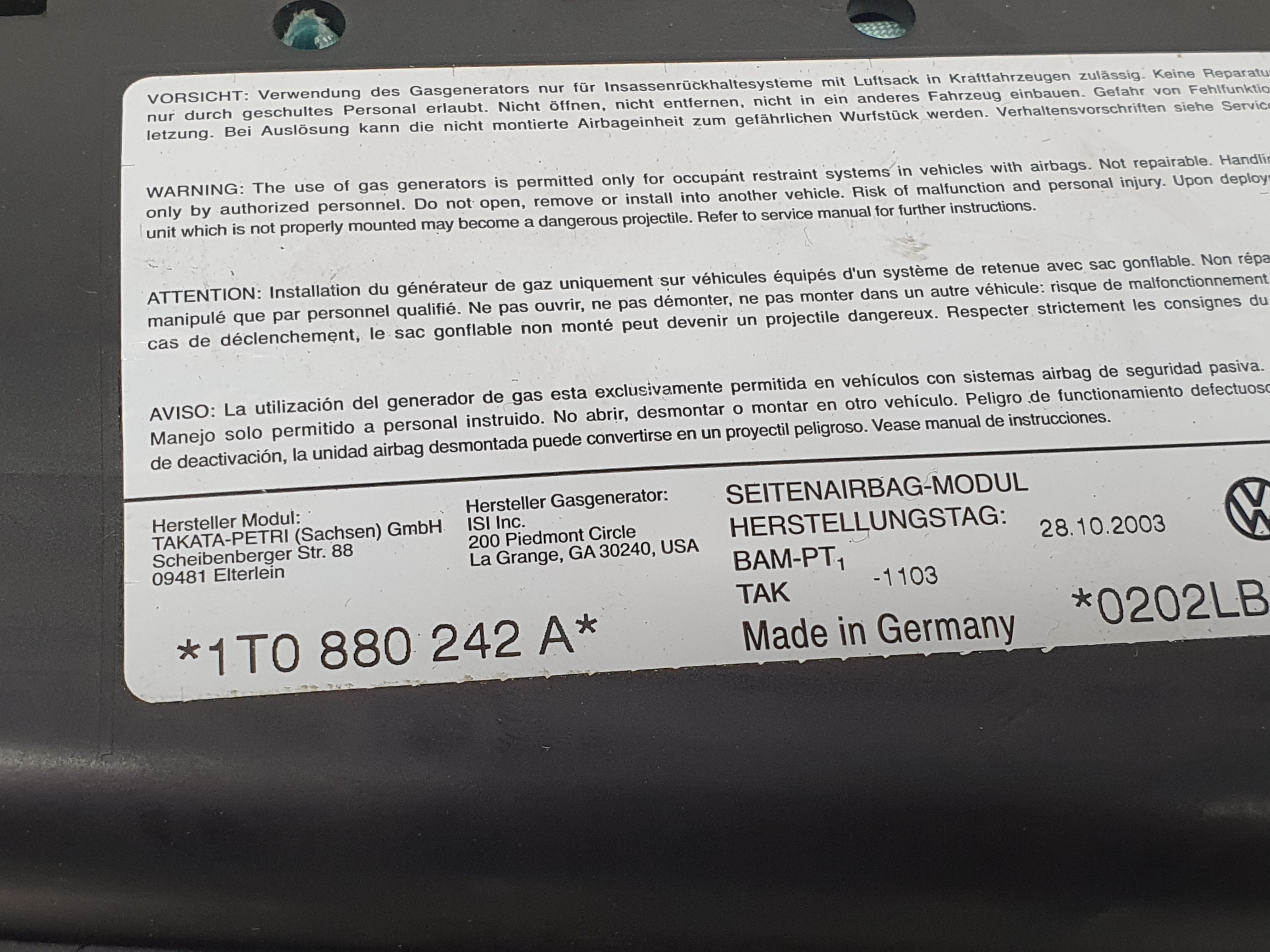 Airbag banco direito AUDI A3 (8P1) Imagem-1 Airbag banco direito AUDI A3 (8P1) Imagem-1