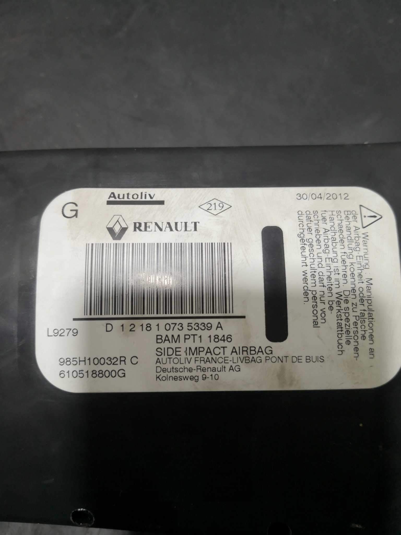 Airbag Banco Esq RENAULT - ID S_90567