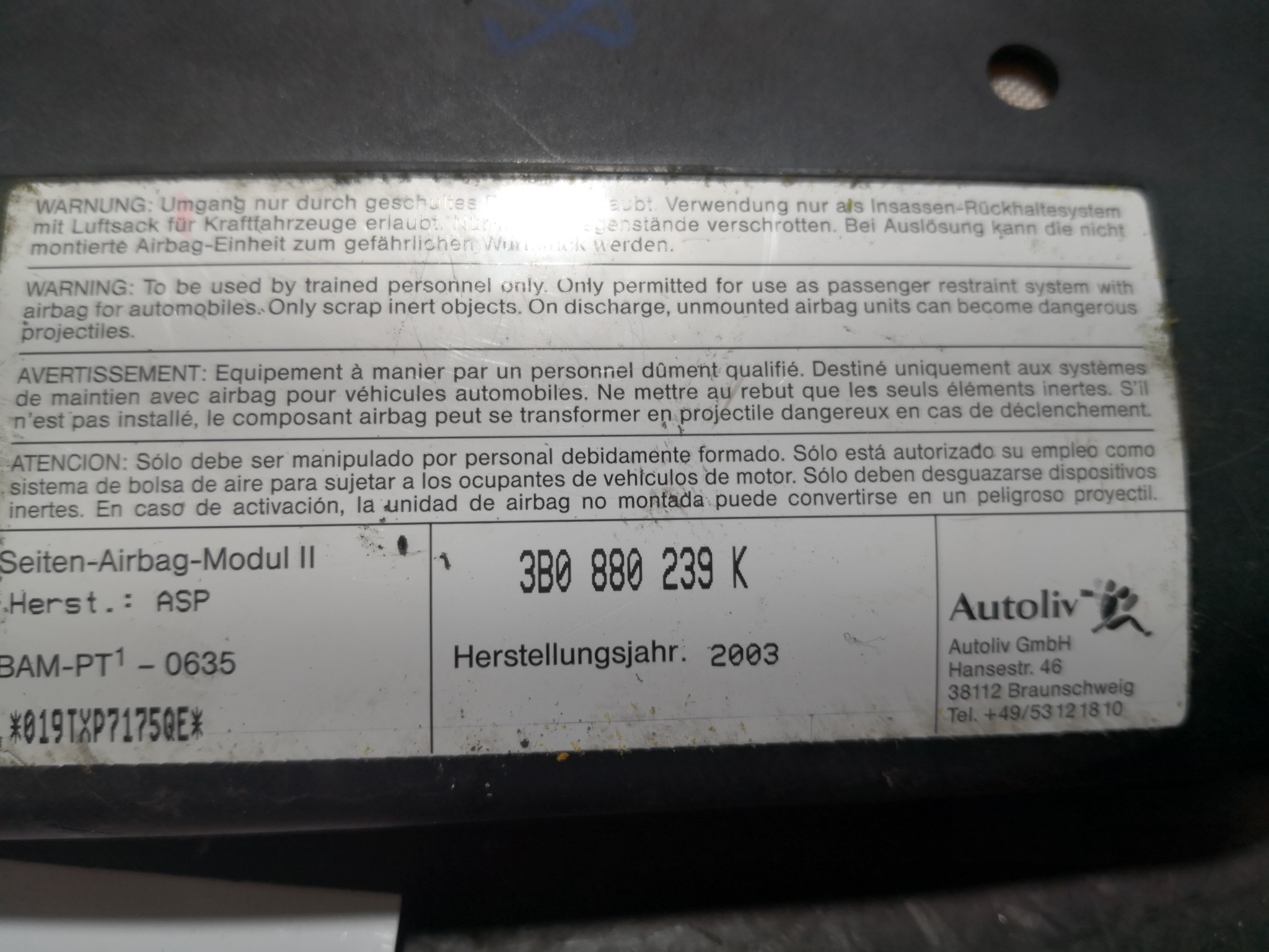 Airbag Banco Esq VOLKSWAGEN PASSAT Variant (3B6) | 00 - 05 Imagem-1