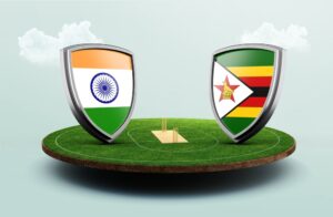 India,Vs,Zimbabwe,Cricket,Flags,With,Shield,On,Stadium,3d