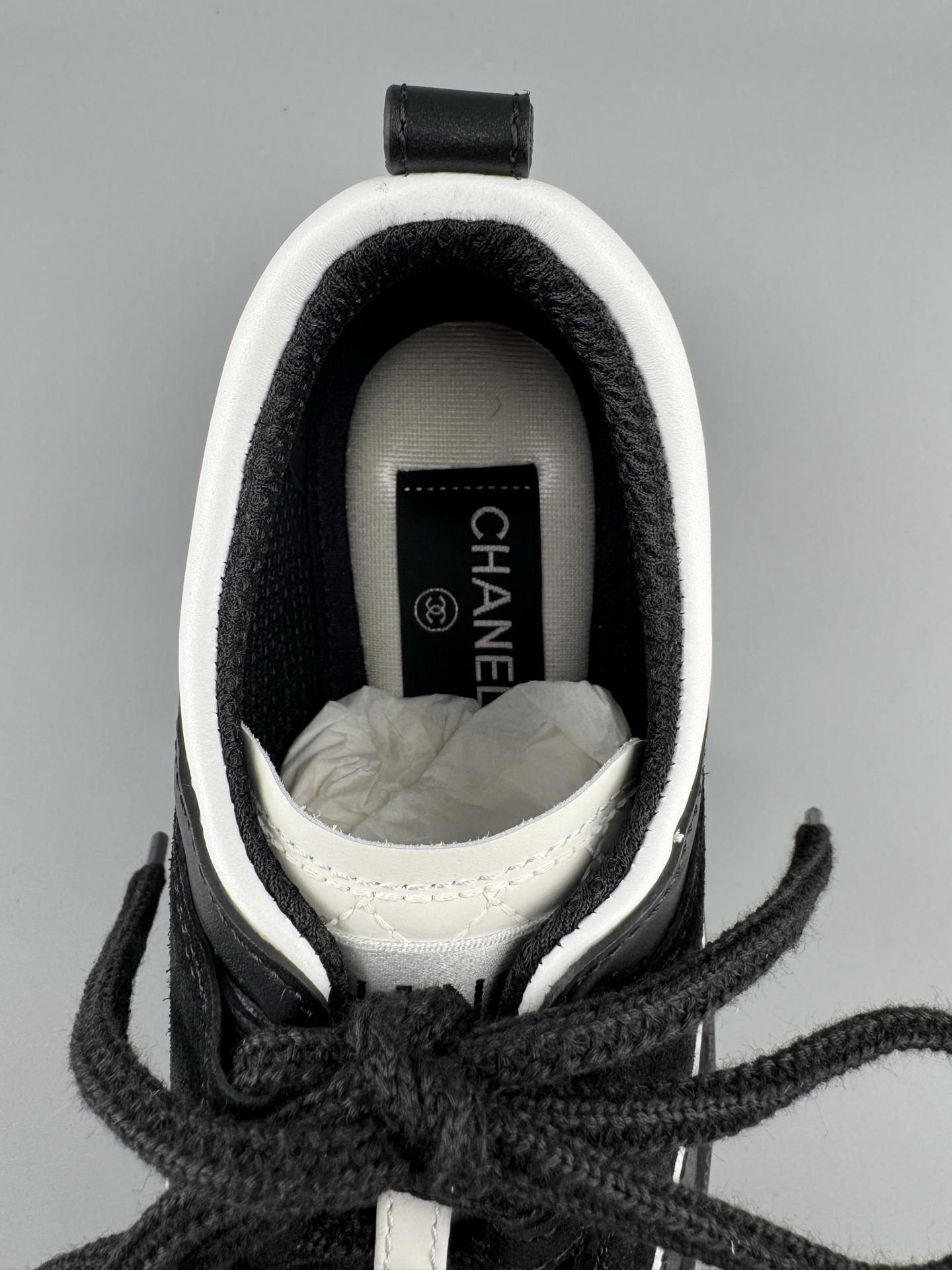 Chanel 25Cb Latest Teddy Panda Sneakers πΌ Patchwork design with contrasting quilted patterns Lace-up style with a chic British-inspired Chanel vibe Classic black and white color scheme - Image 7