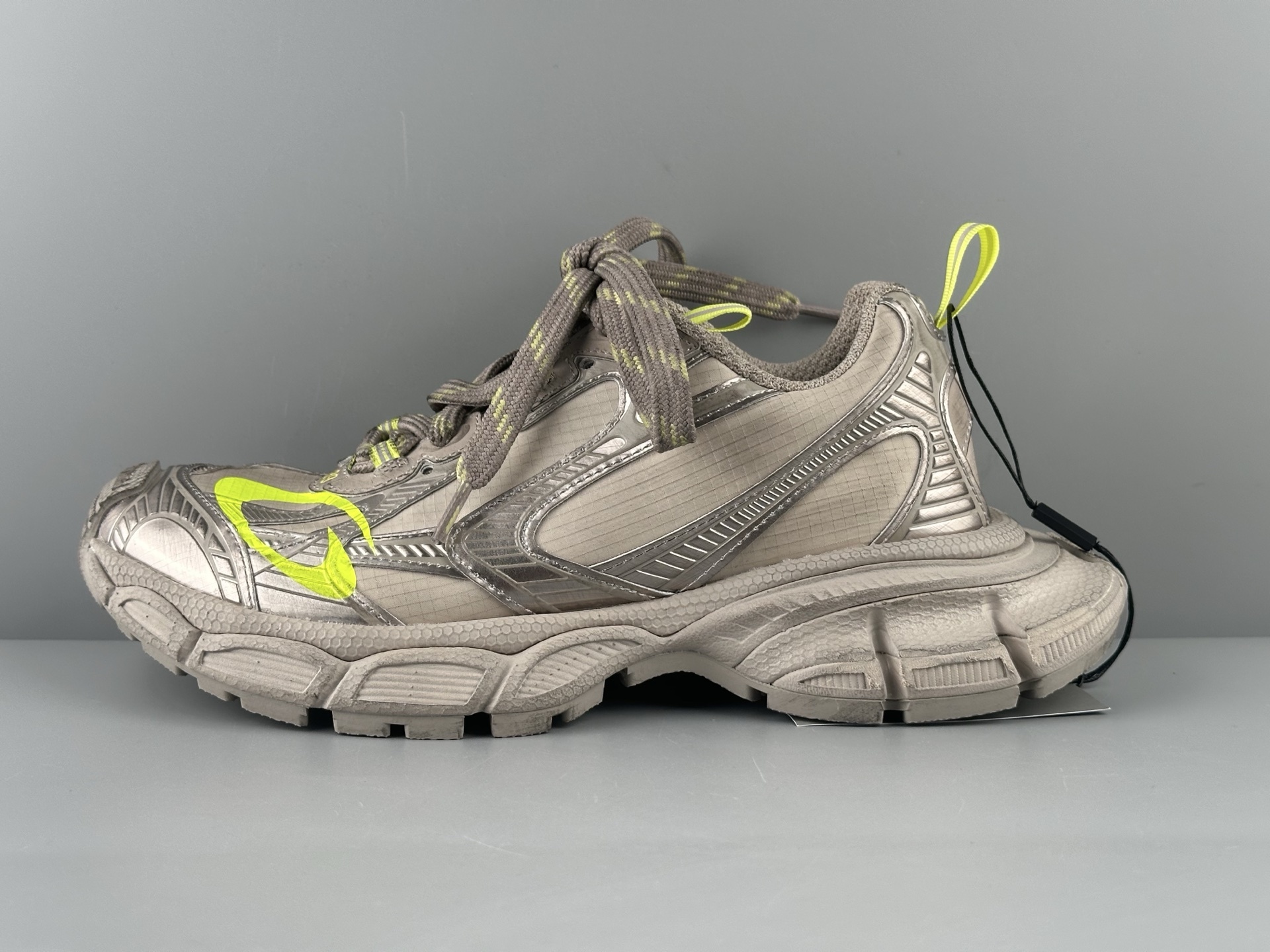 Balenciaga 3XL Gold-Grey PU & Polyester Rubber “Dad Shoes” — Paris Fashion House Crafted using original factory last and outsole Materials: PU, polyester, and rubber
