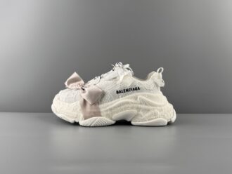 Balenciaga Triple S Round-Toe Lace-Up Sneakers with Satin Bow Detail. Women’s Low-Top “Dad Shoe” in White