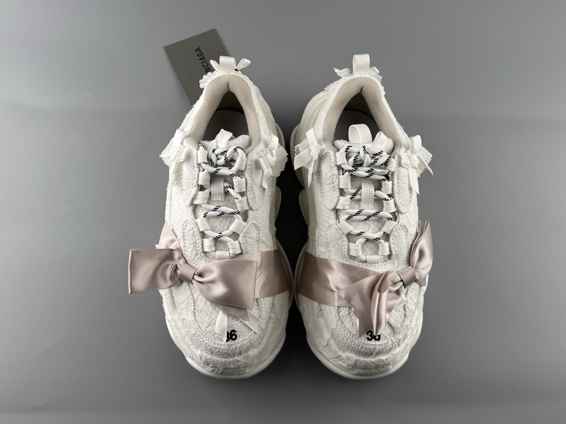 Balenciaga Triple S Round-Toe Lace-Up Sneakers with Satin Bow Detail. Women’s Low-Top “Dad Shoe” in White - Image 14