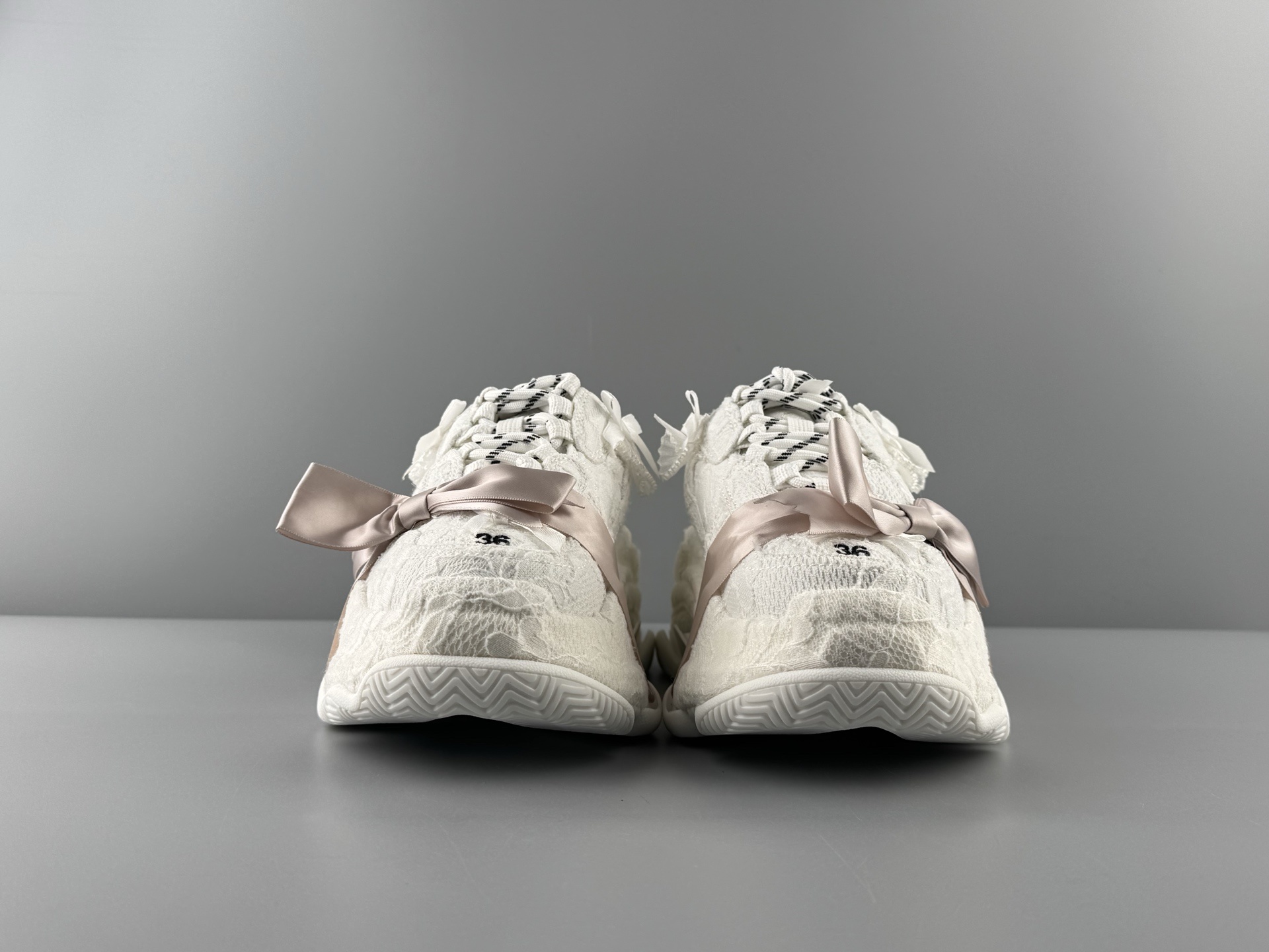 Balenciaga Triple S Round-Toe Lace-Up Sneakers with Satin Bow Detail. Women’s Low-Top “Dad Shoe” in White - Image 15