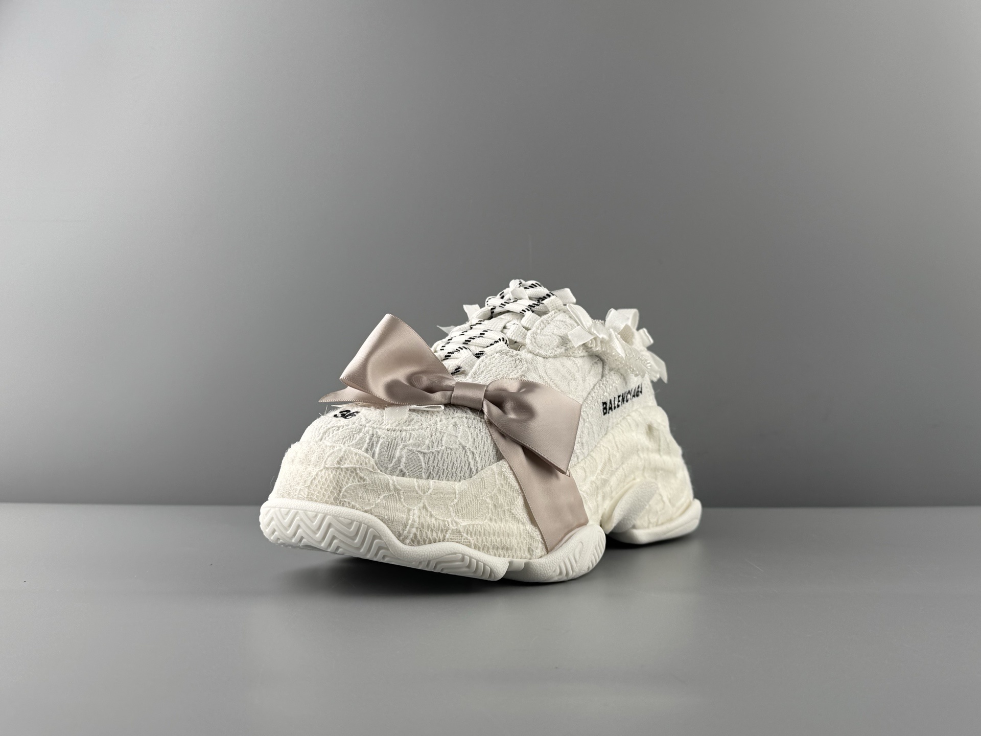 Balenciaga Triple S Round-Toe Lace-Up Sneakers with Satin Bow Detail. Women’s Low-Top “Dad Shoe” in White - Image 17