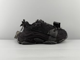 Balenciaga Triple S Round-Toe Lace-Up Sneakers with Satin Bow Detail. Women’s Low-Top “Dad Shoe” in White