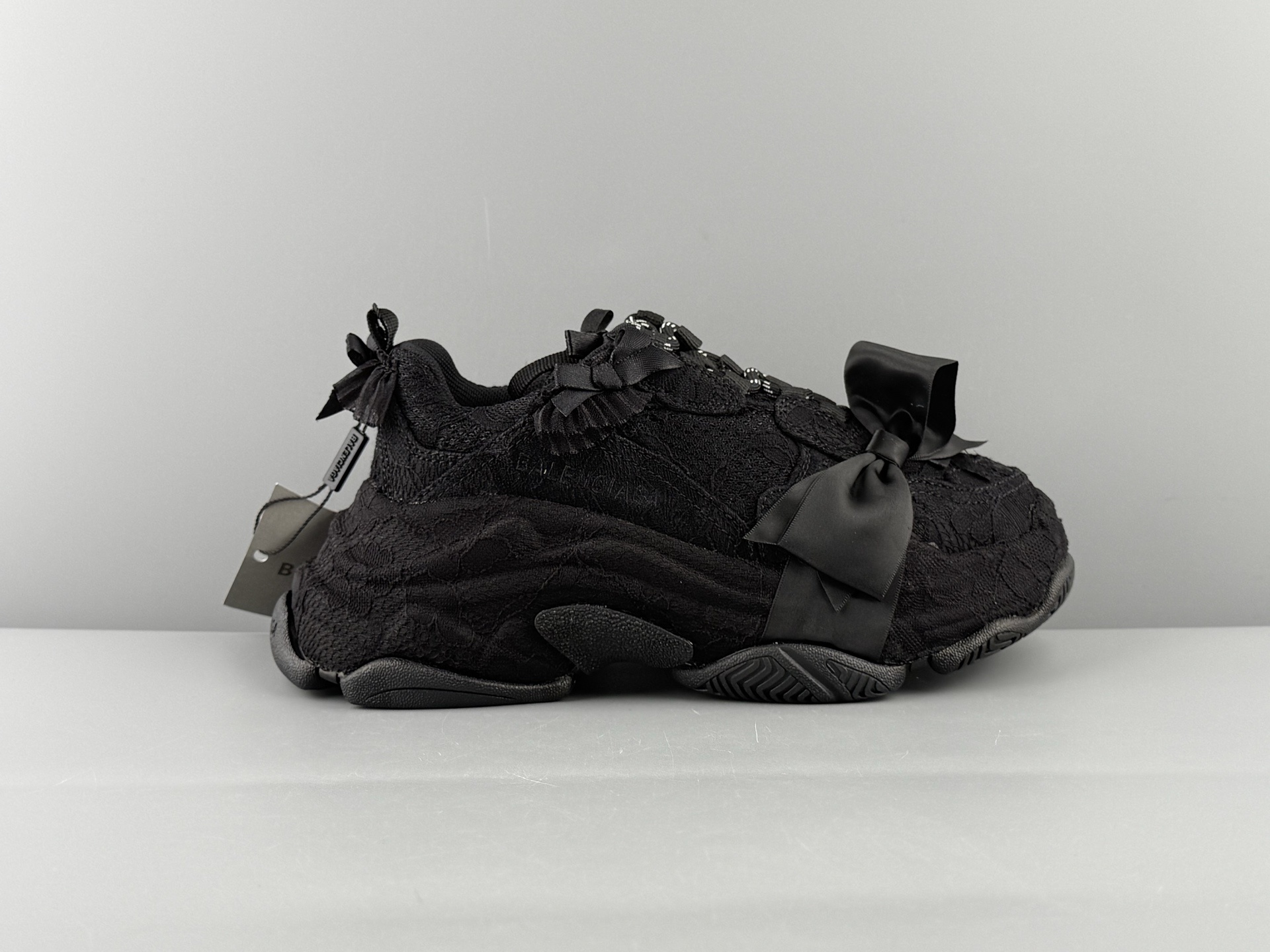 Balenciaga Triple S Round-Toe Lace-Up Sneakers with Satin Bow Detail. Women’s Low-Top “Dad Shoe” in White