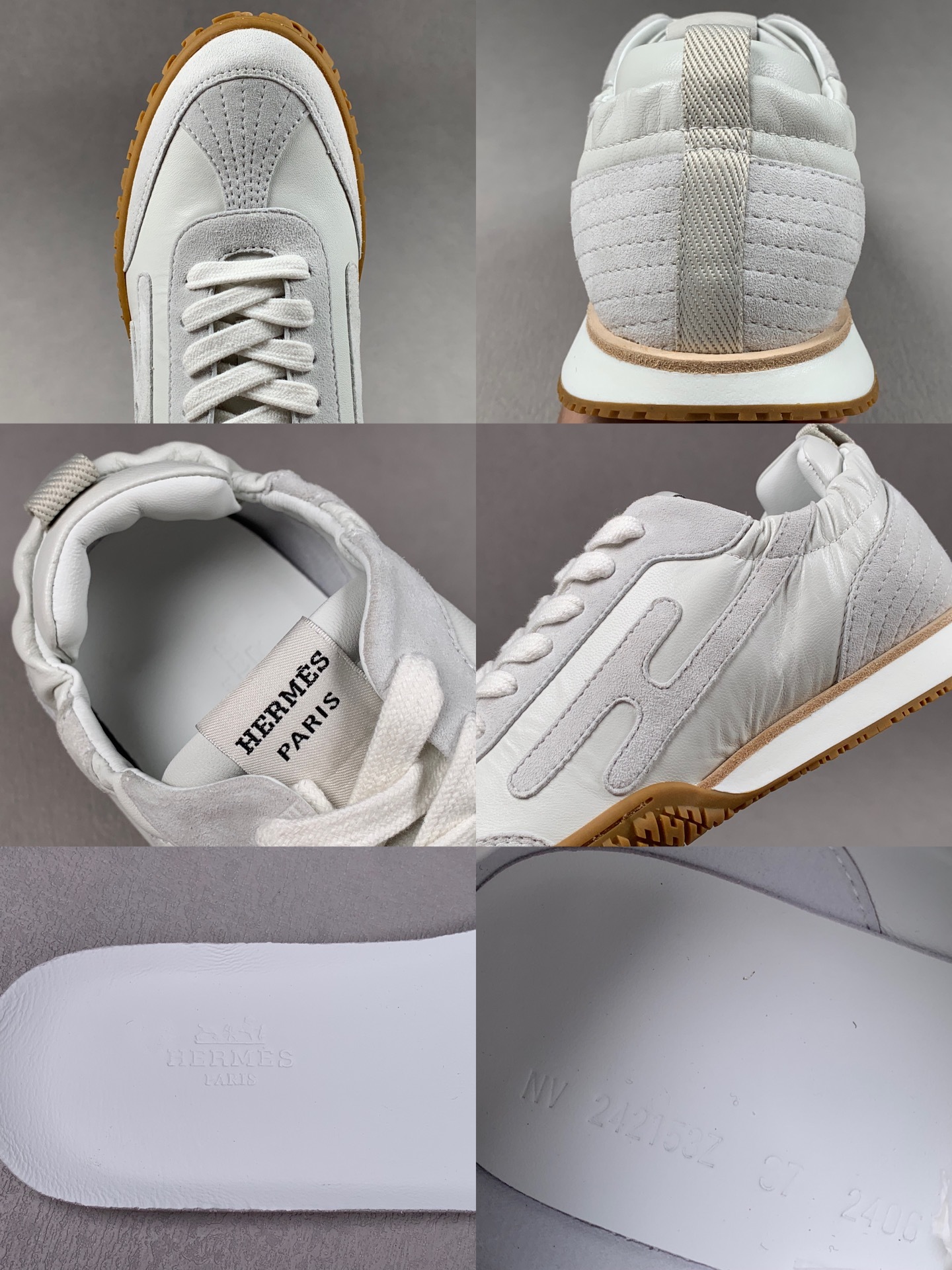 Dongguan top-tier original 35–45 Hermès 2025 JET Sneaker – Retro-fashion Dad-style sneakers in white with color-block design, feminine touch. Retro-stylish, minimalist luxury, lightweight and comfortable. Materials: Upper: Sheepskin / Suede Lining: Lambskin Sole: Exclusive custom-molded original TR sole - Image 2