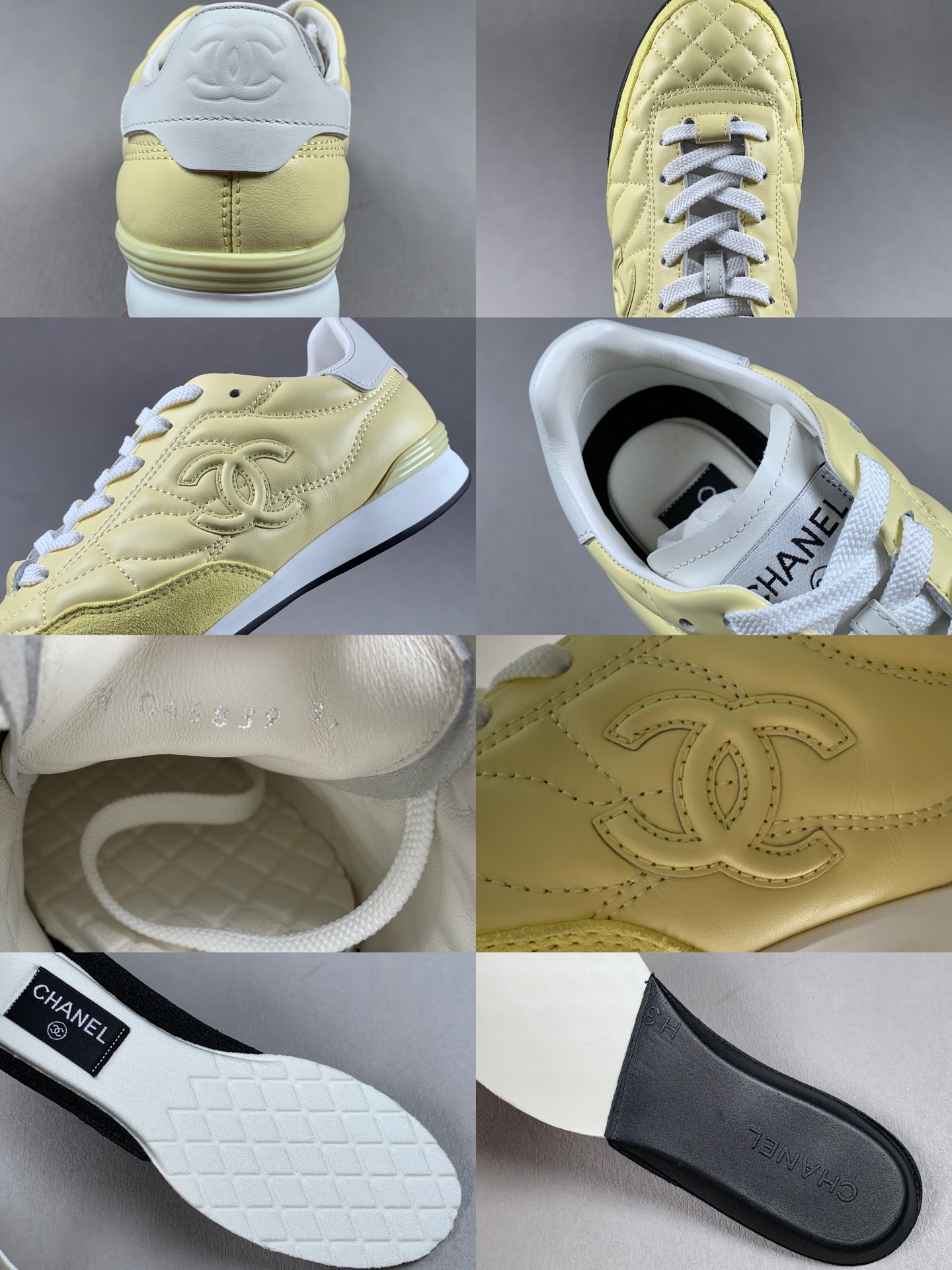 CHANEL 24A Low-Top Flat Lace-Up Sneakers – Quilted Design, All-Season Casual Style, Upgraded “Mini Chanel 3rd Gen” Sporty Look, Light Yellow Gender: Unisex Materials & Construction: Upper: Premium imported oiled wax calf leather paired with high-gloss imported suede Lining: Imported lambskin Outsole: Durable TPU combination sole - Image 8