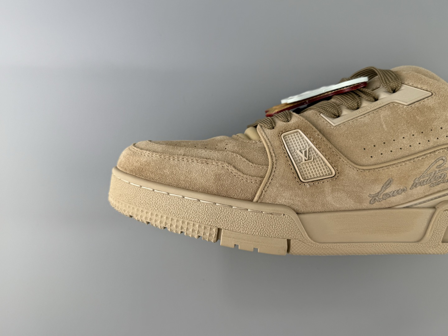 Louis Vuitton LV Trainer in light coffee brown with hang tag. Made from imported Italian cow suede/leather using top-level craftsmanship - Image 8