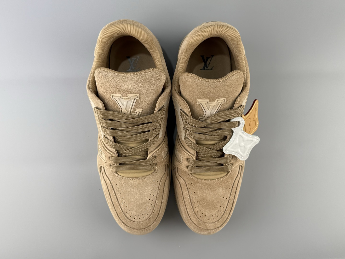 Louis Vuitton LV Trainer in light coffee brown with hang tag. Made from imported Italian cow suede/leather using top-level craftsmanship - Image 14