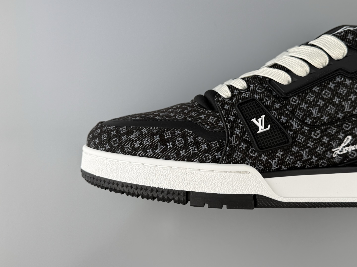 LOUIS VUITTON 2026 latest colorway Trainer, featuring an all-denim and suede construction, floral details, handwritten-style branding, round toe, lace-up closure, and low-top sneaker design - Image 2