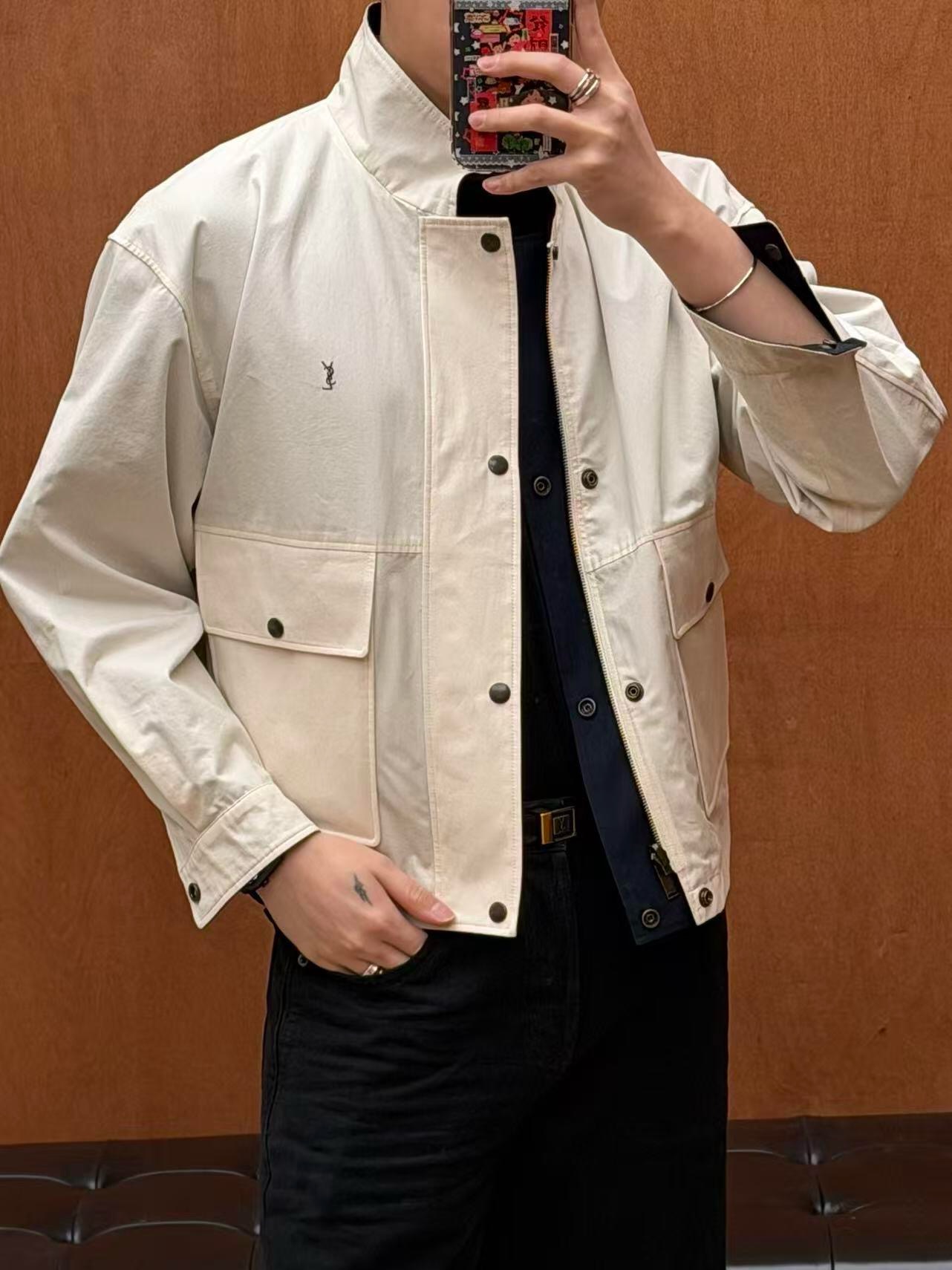 Yves Saint Laurent logo embroidered reversible jacket Custom-made obsidian velvet-extracted cotton sail, the outer layer is solid and solid, and the inner layer is condensed with fine velvet, which is soft and comfortable, with a natural texture of hardness and softness. - Image 14