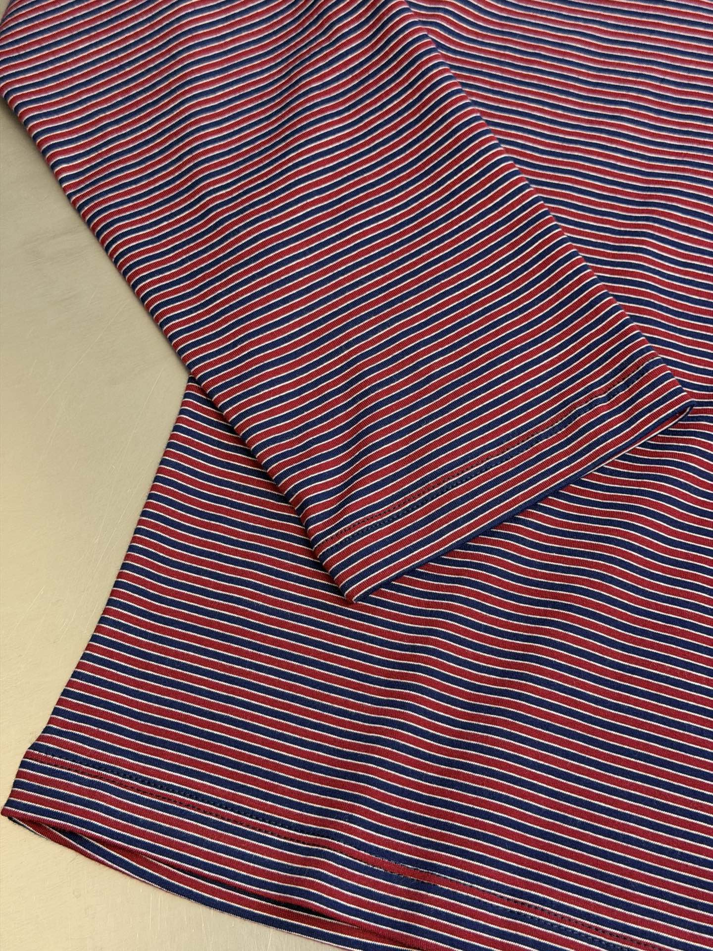 Miu logo striped henley collar long sleeves Customized textured plain weave cotton, intertwined green and burgundy thin strips of warp and weft, layered colors, classic henley half placket configuration, neat opening and closing, contrasting collar edge delicately outlines the collar, brand woven logo sewn on the left chest, loose dropped shoulders silhouette, integrating the Italian retro college heritage into the daily shape, interpreting a relaxed and elegant high-end elegance style - Image 8