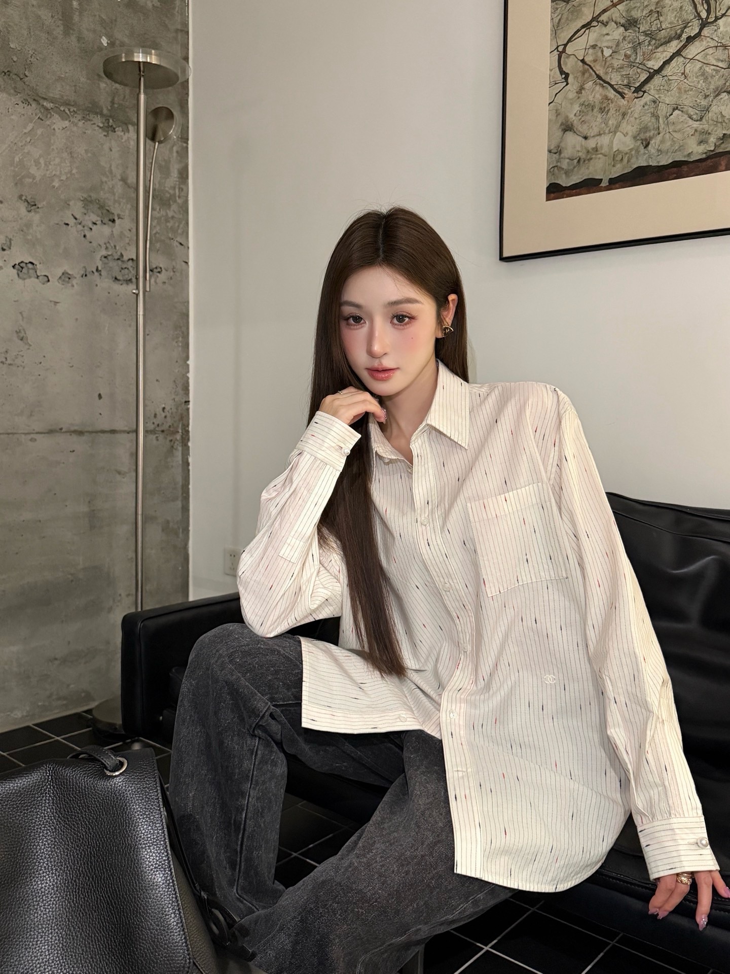 Xiaoxiang Double C embroidered striped shirt Customized star-dot yarn-dyed jacquard poplin material, pure white porcelain spreads the body in sequence, fine ink vertical patterns are interwoven with fine colorful dots and shooting stars, precipitating the French simple and relaxed luxury charm of aristocratic family - Image 11
