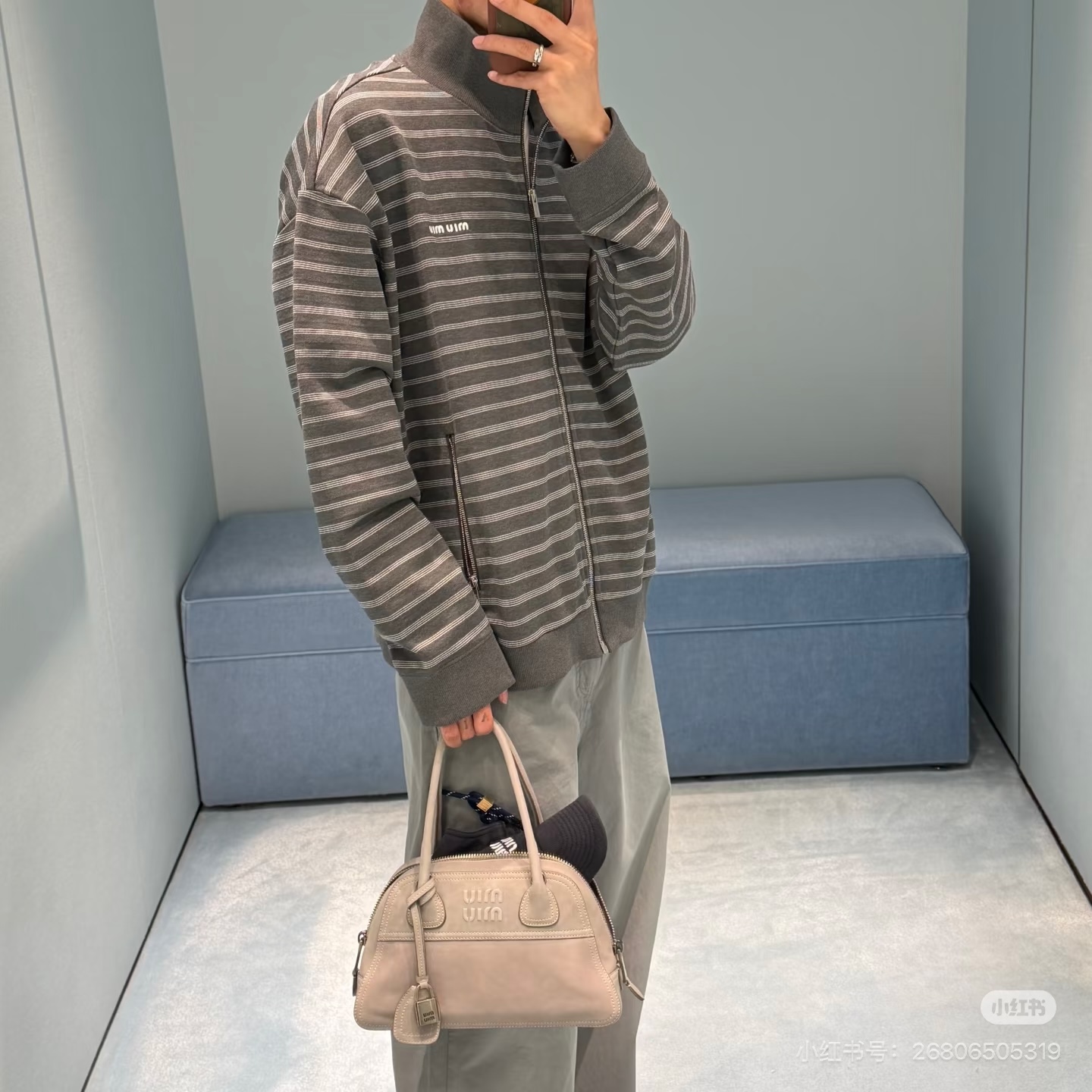 Miu Mi*/Miu Miu letter embroidered counterpoint striped zipper jacket The stripe spacing is accurately aligned, and the width and color of each strip are aligned with the original version - Image 11