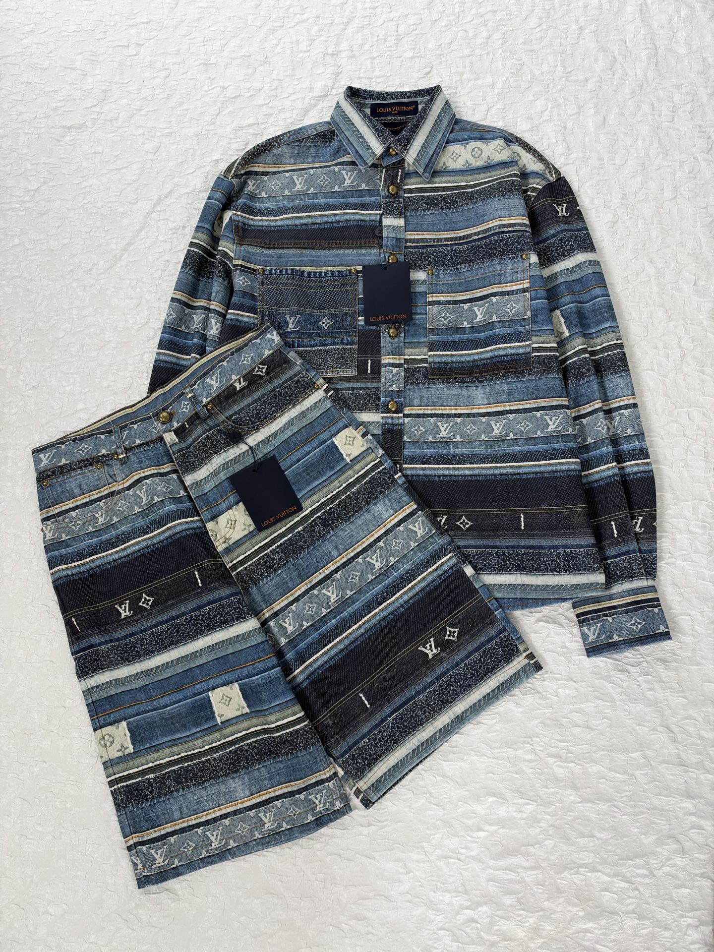 1V/Louis SS27 Monogram patchwork striped print denim shirt The entire denim base fabric is matched with full-width positioning printing - Image 4