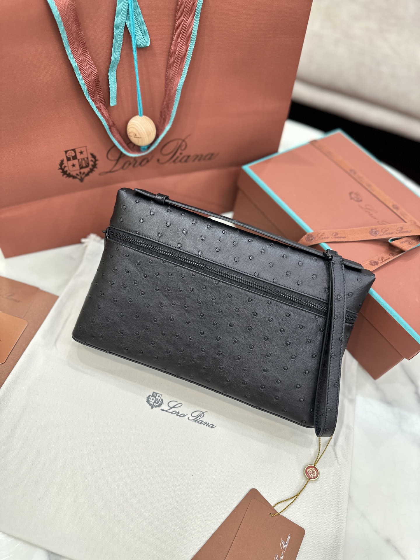 Loro Piana Extra Pouch Clutch Detachable zip with tonal logo Ostrich leather black chocolate Size: 29*18*5cm - Image 2