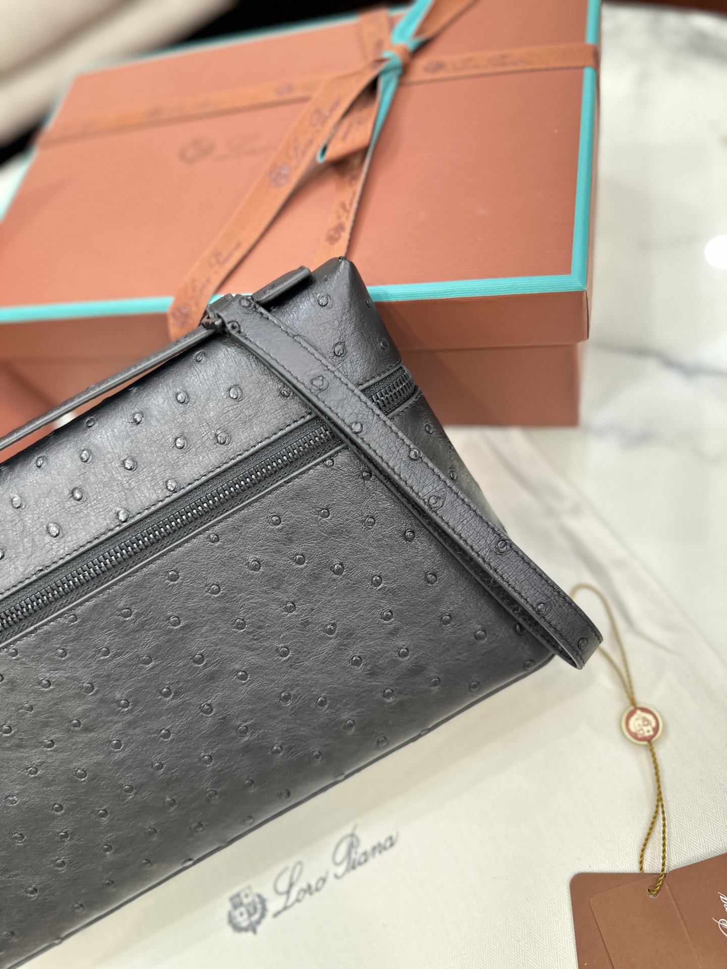 Loro Piana Extra Pouch Clutch Detachable zip with tonal logo Ostrich leather black chocolate Size: 29*18*5cm - Image 3