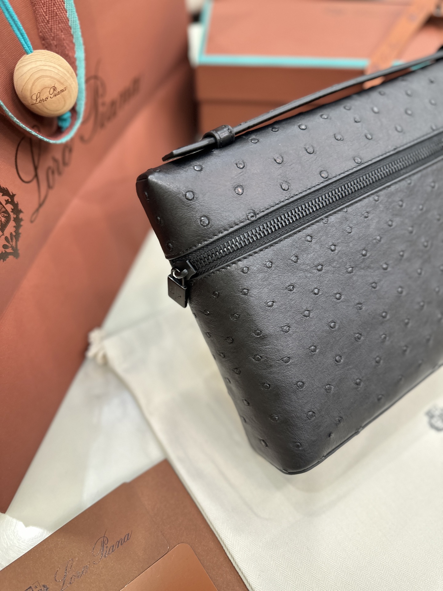 Loro Piana Extra Pouch Clutch Detachable zip with tonal logo Ostrich leather black chocolate Size: 29*18*5cm - Image 4