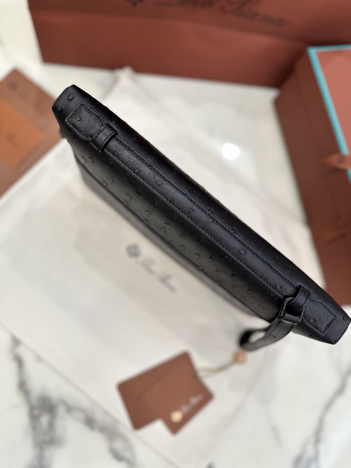 Loro Piana Extra Pouch Clutch Detachable zip with tonal logo Ostrich leather black chocolate Size: 29*18*5cm - Image 5