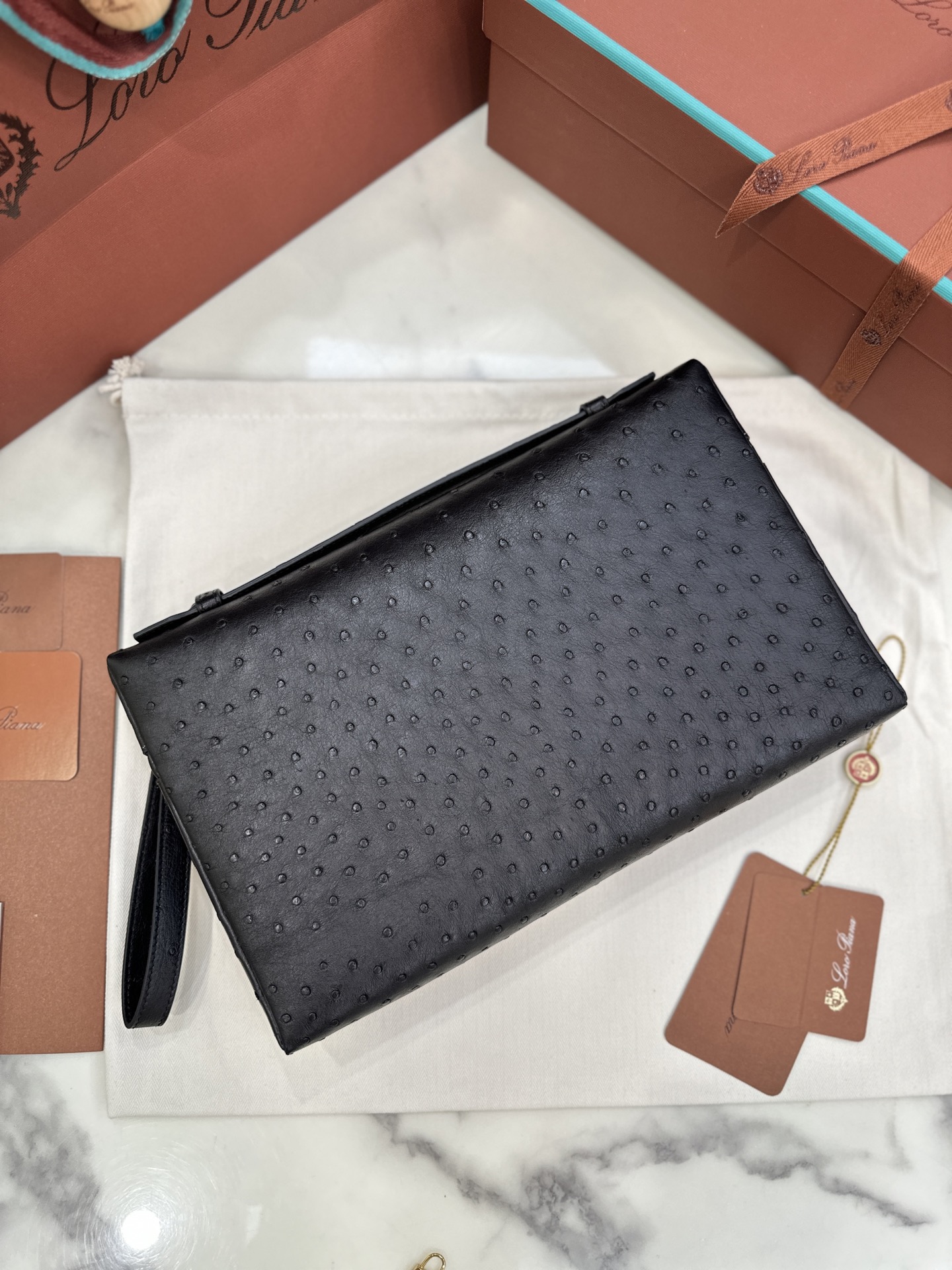 Loro Piana Extra Pouch Clutch Detachable zip with tonal logo Ostrich leather black chocolate Size: 29*18*5cm - Image 7