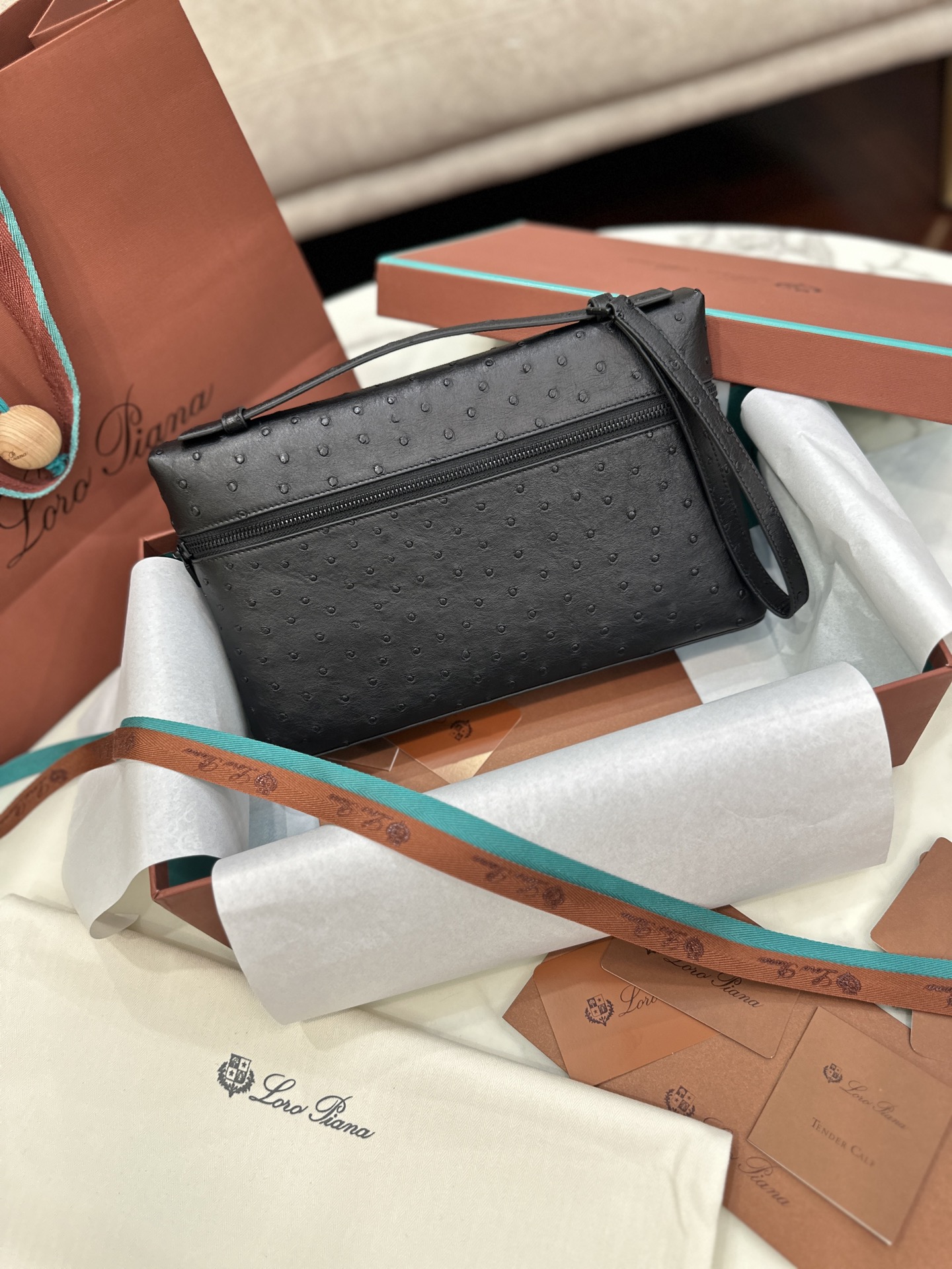 Loro Piana Extra Pouch Clutch Detachable zip with tonal logo Ostrich leather black chocolate Size: 29*18*5cm - Image 8