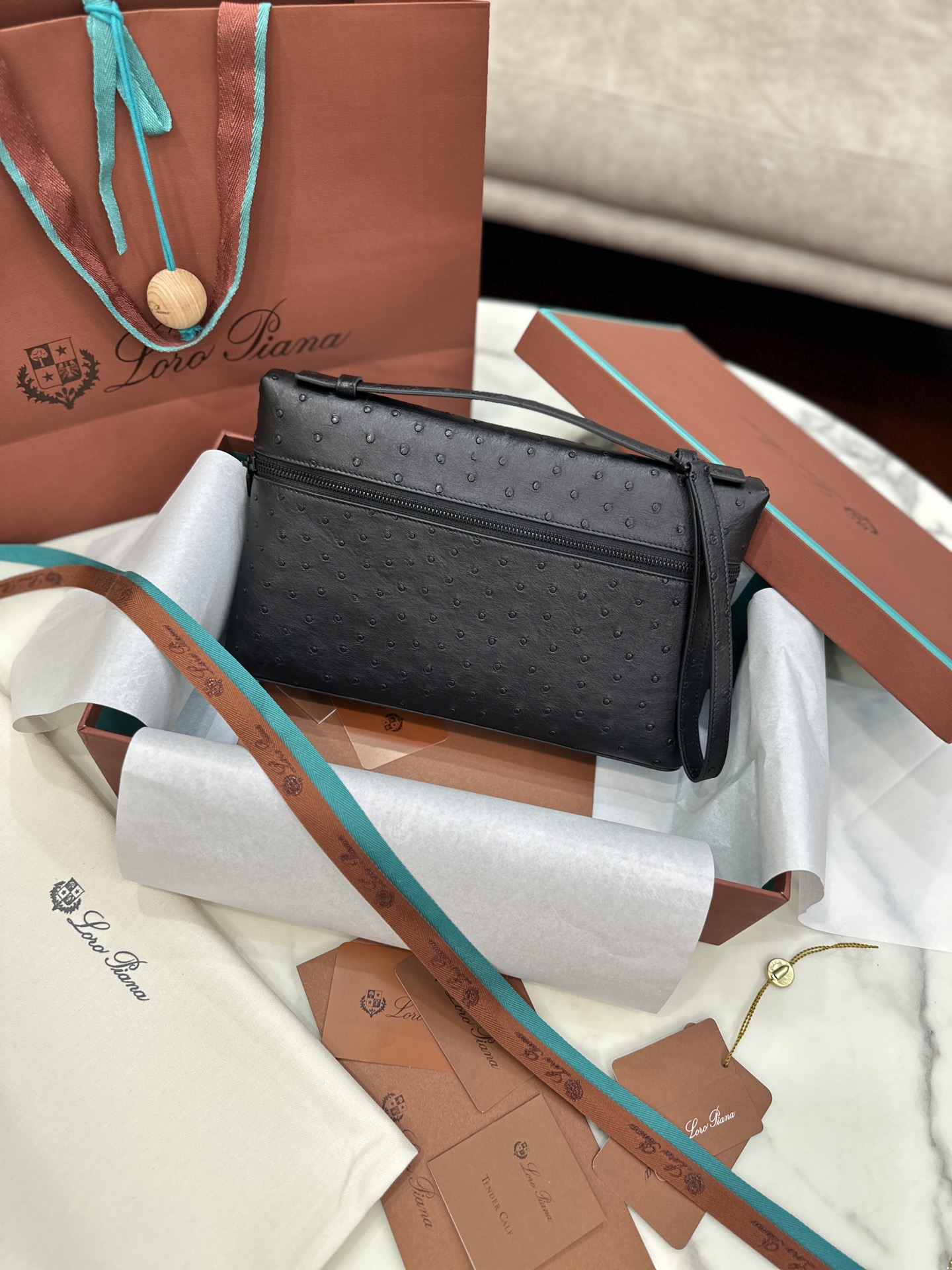 Loro Piana Extra Pouch Clutch Detachable zip with tonal logo Ostrich leather black chocolate Size: 29*18*5cm - Image 9