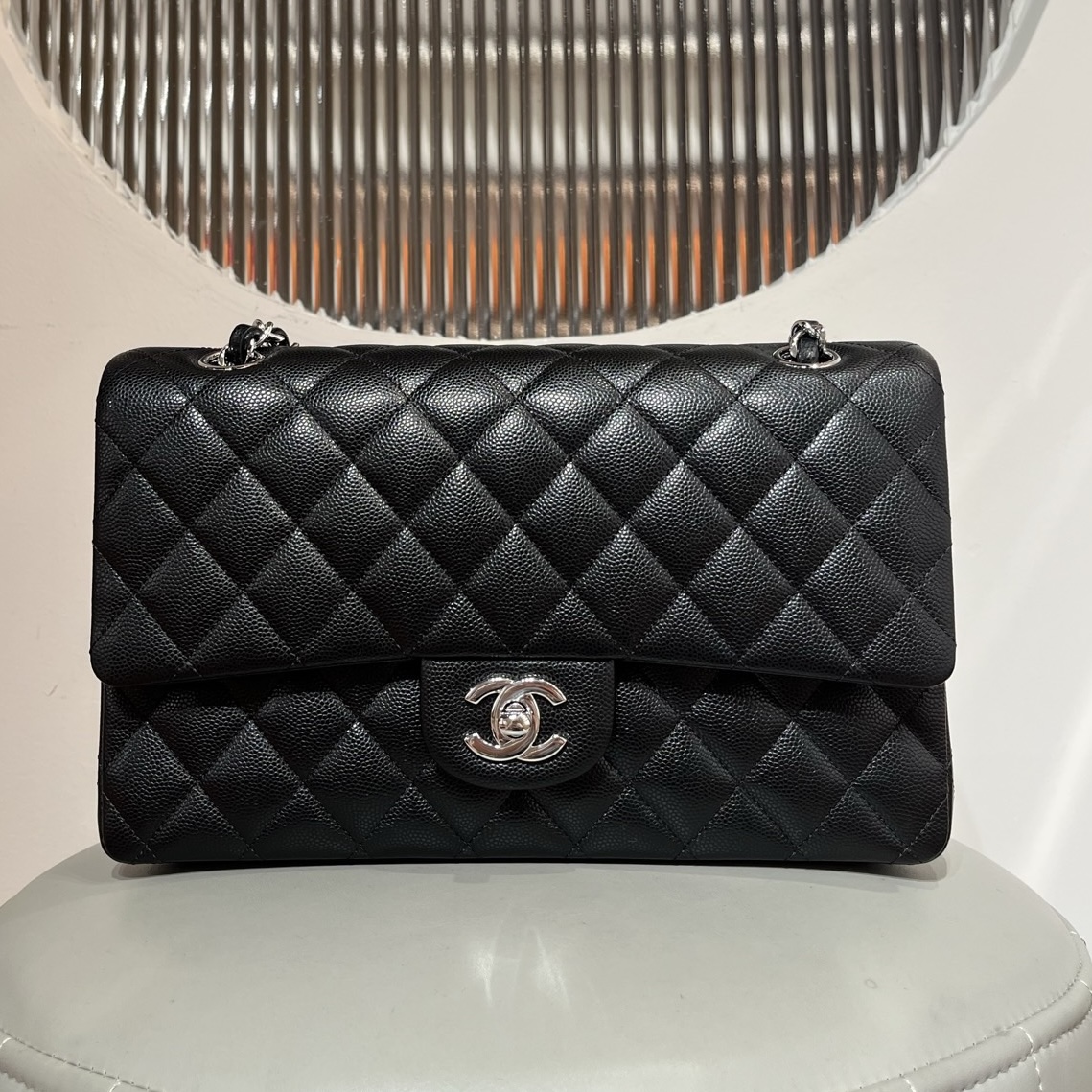 CF original fine-grained caviar 25.5CM black silver buckle