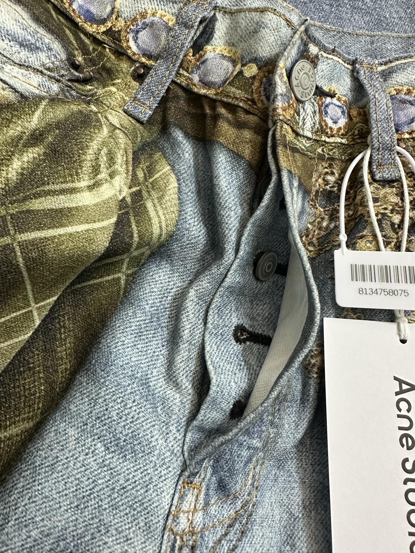 Acne Studios was silk scarf jewelry chain 3D printed jeans Fabric: Made of brushed non-elastic fabric, 3D effect printing details, laser burning positioning and cutting, the overall routing is straight and delicate, the fabric is comfortable and soft, the color is consistent and there is no color difference, it can be matched with the same style to create a fashionable look, to control various occasions, customized hardware, threads, accessories, matching, same style for men and women -Color: old blue -Size: XXS XS S M L XL - Image 7