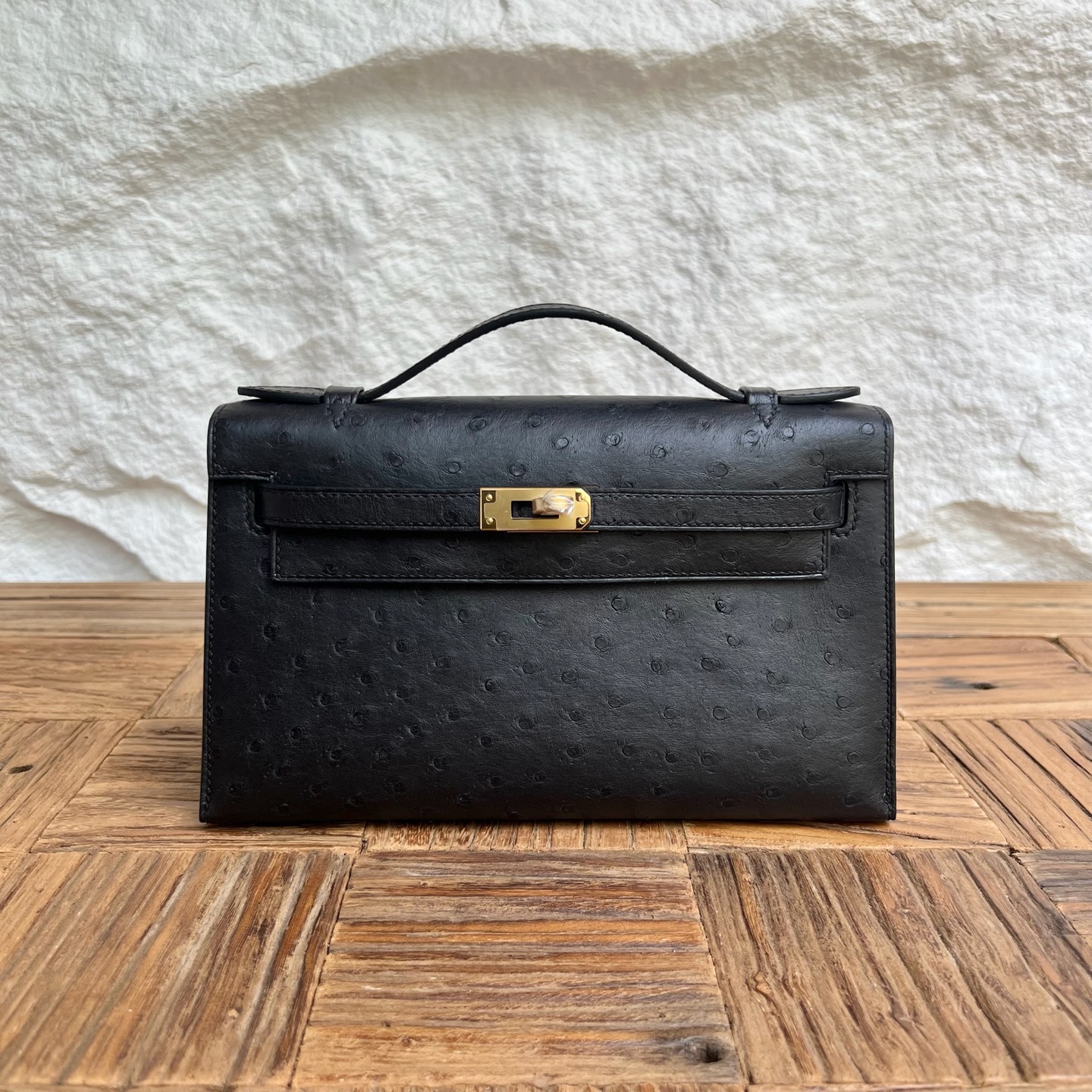Spot MiniKelly Pochette 22cm Ostrich original imported South African ostrich skin Color: Ck89 black Noir Fully Handmade