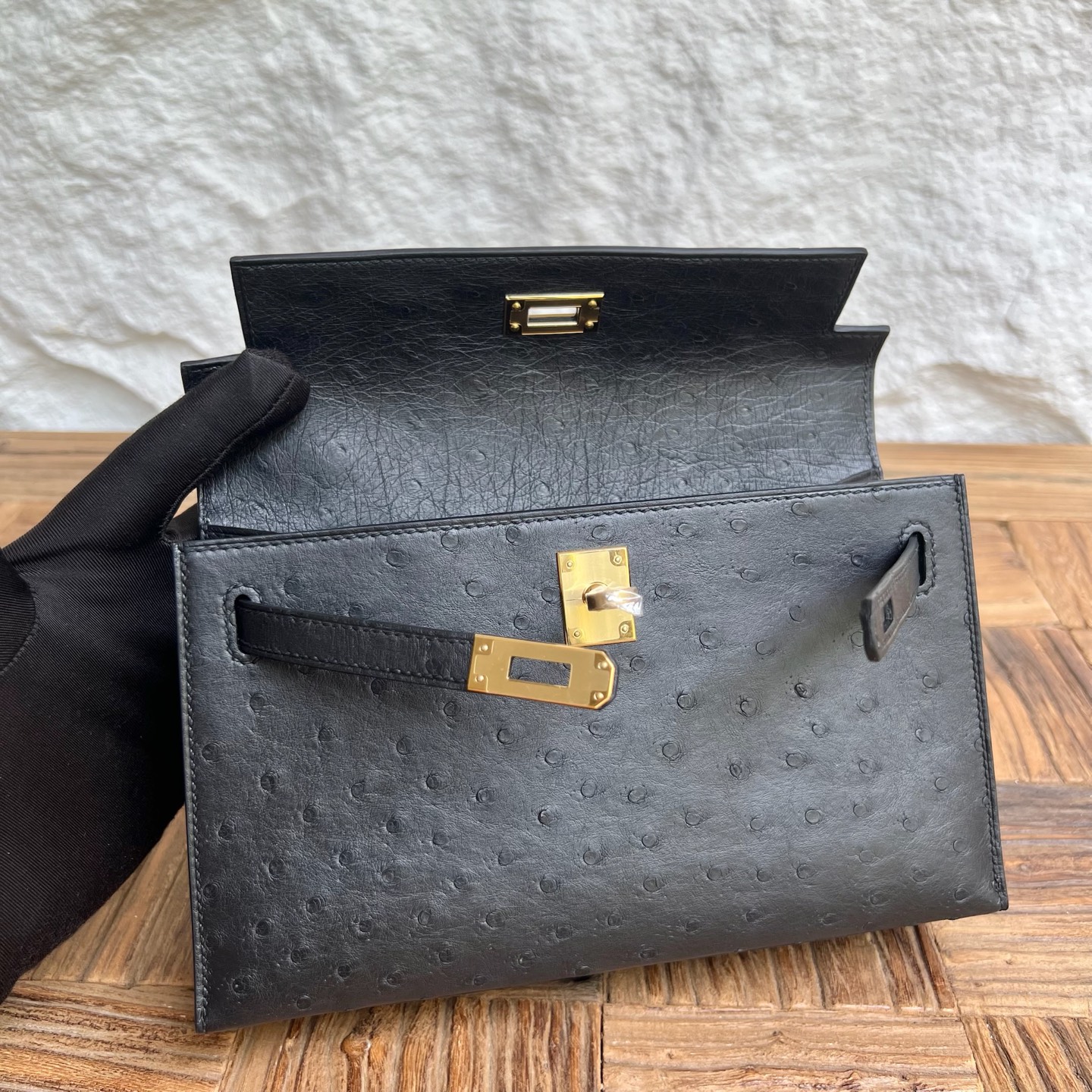 Spot MiniKelly Pochette 22cm Ostrich original imported South African ostrich skin Color: Ck89 black Noir Fully Handmade - Image 6