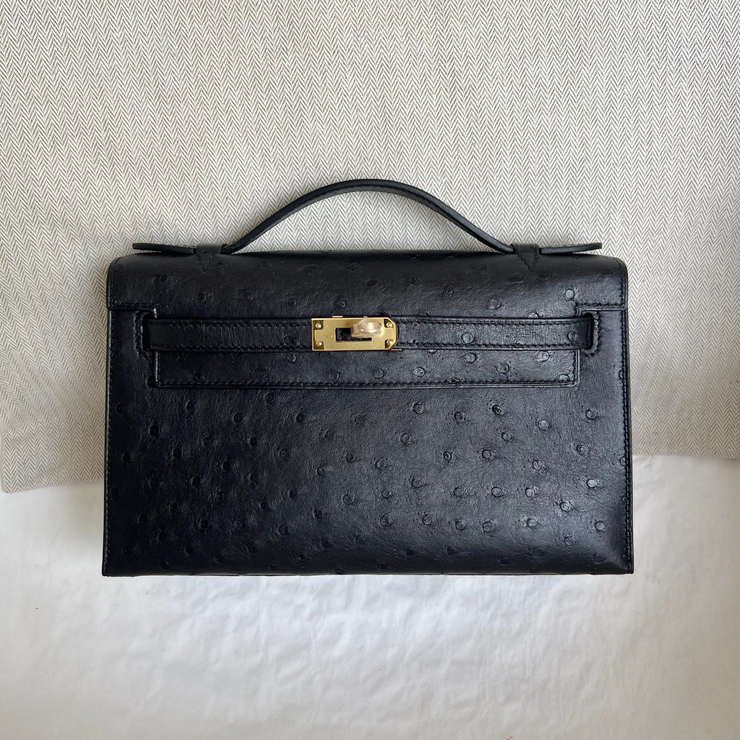 Spot MiniKelly Pochette 22cm Ostrich original imported South African ostrich skin Color: Ck89 black Noir Fully Handmade - Image 12