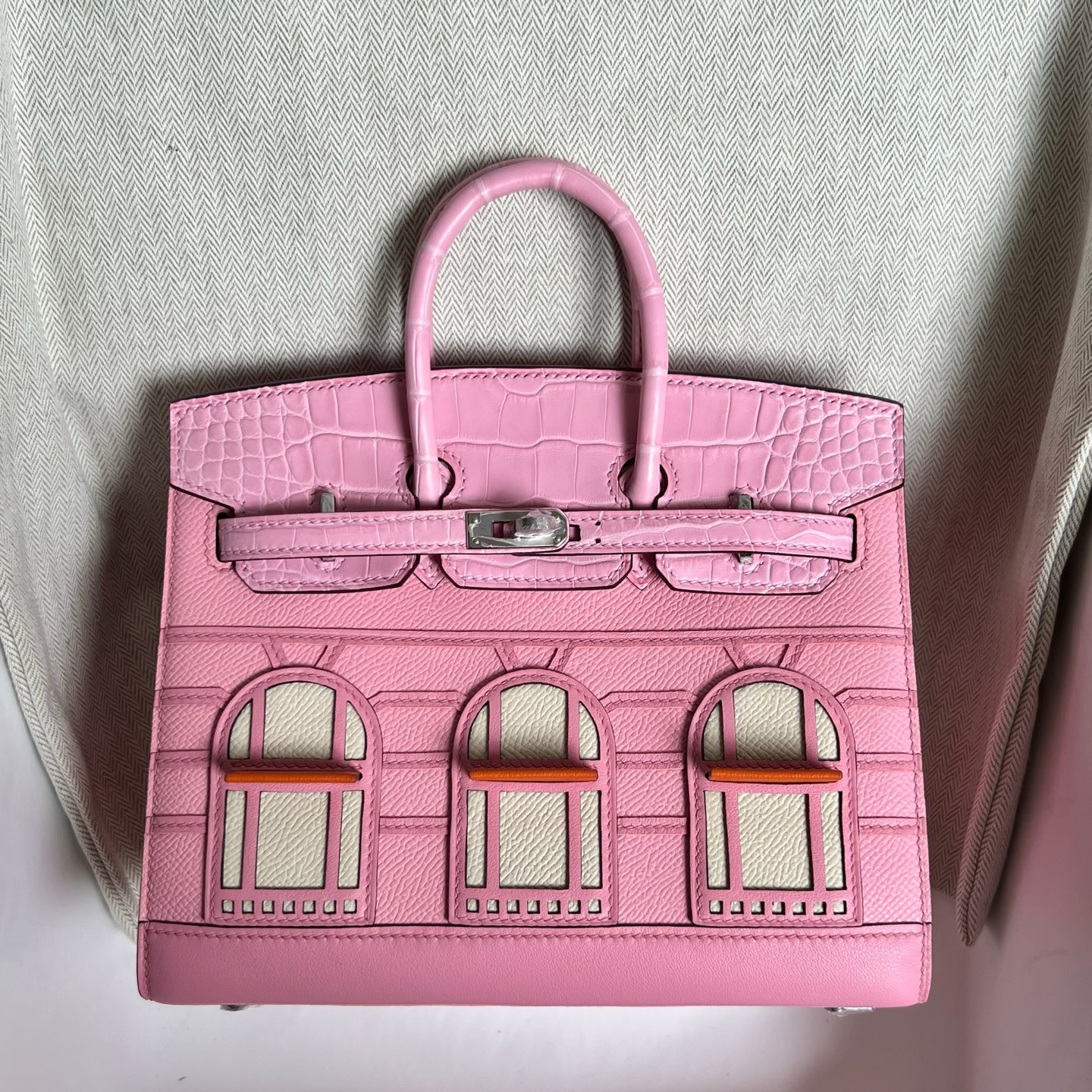 In stock🌟 Birkin 20cm limited edition cherry blossom pink small house🏠 Fully handmade wax stitching Silver buckle Stock - Image 12
