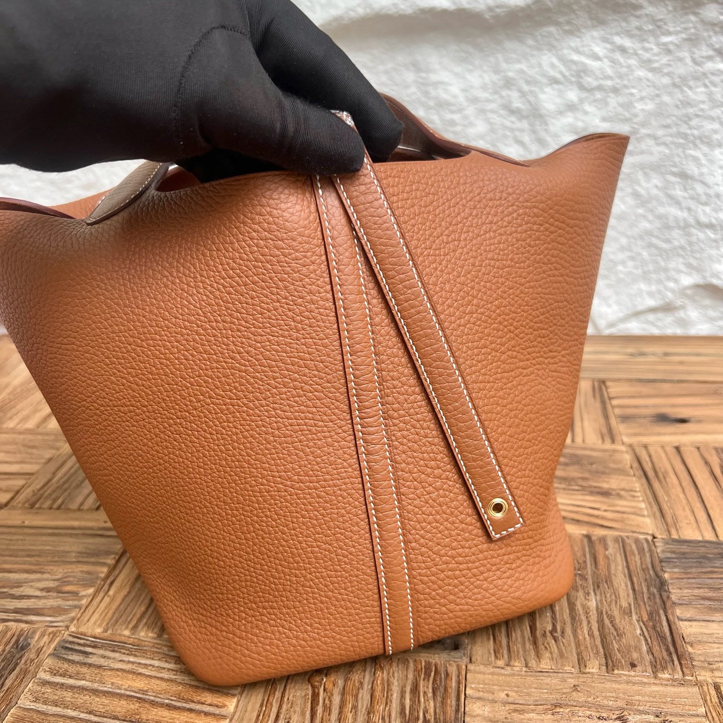 Picotin 22cm Clemence original cow tc leather Color: Ck37 golden brown, fully handmade wax thread sewing Phw customized✈️ - Image 9
