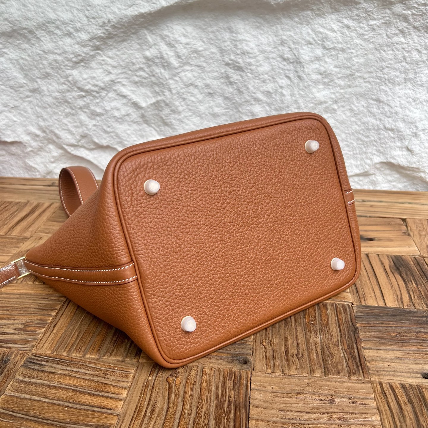 Picotin 22cm Clemence original cow tc leather Color: Ck37 golden brown, fully handmade wax thread sewing Phw customized✈️ - Image 11