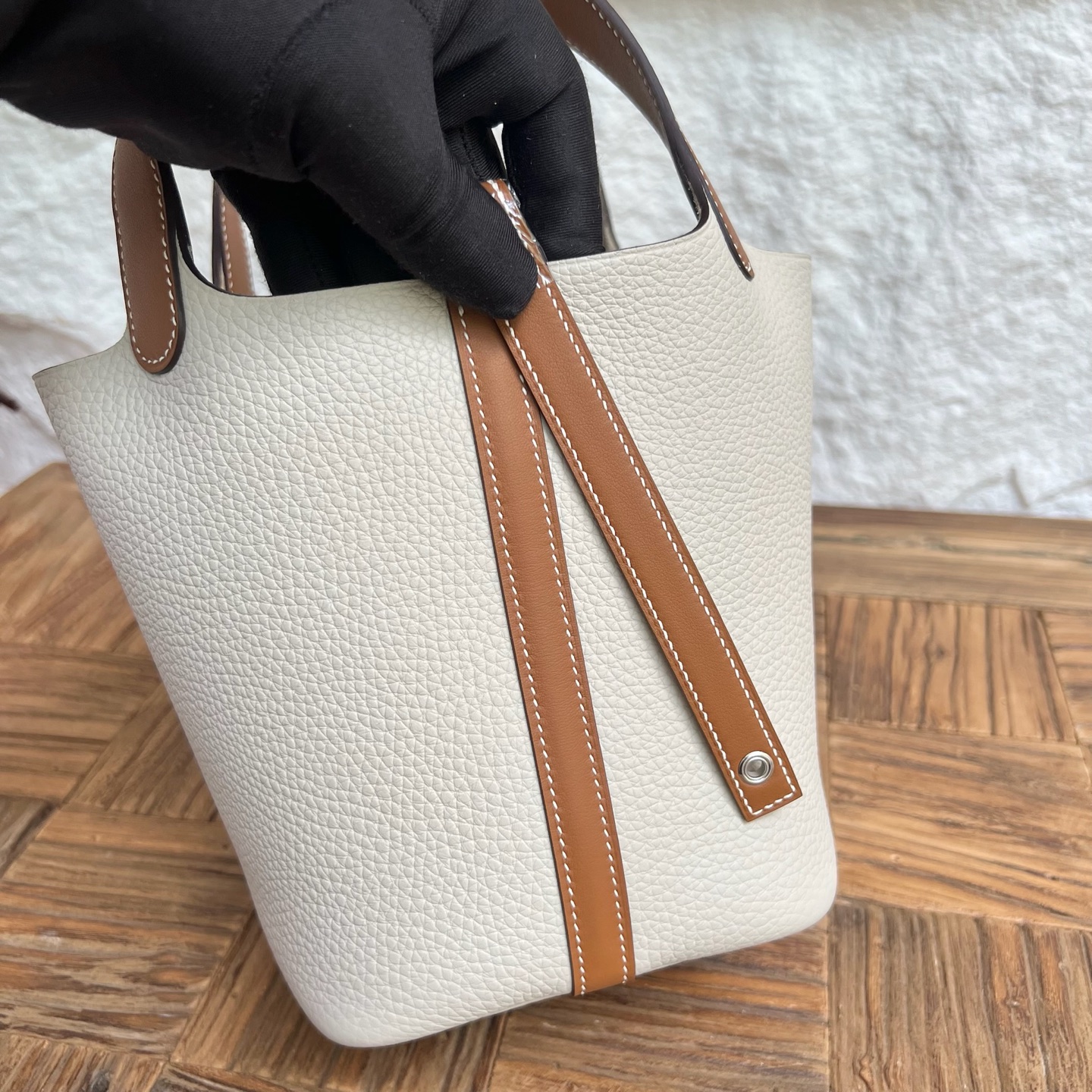 Picotin 18cm Clemence/Swift Color: Ck10 milkshake white/Ck37 golden brown Fully handmade wax stitching Phw customized✈️ - Image 3