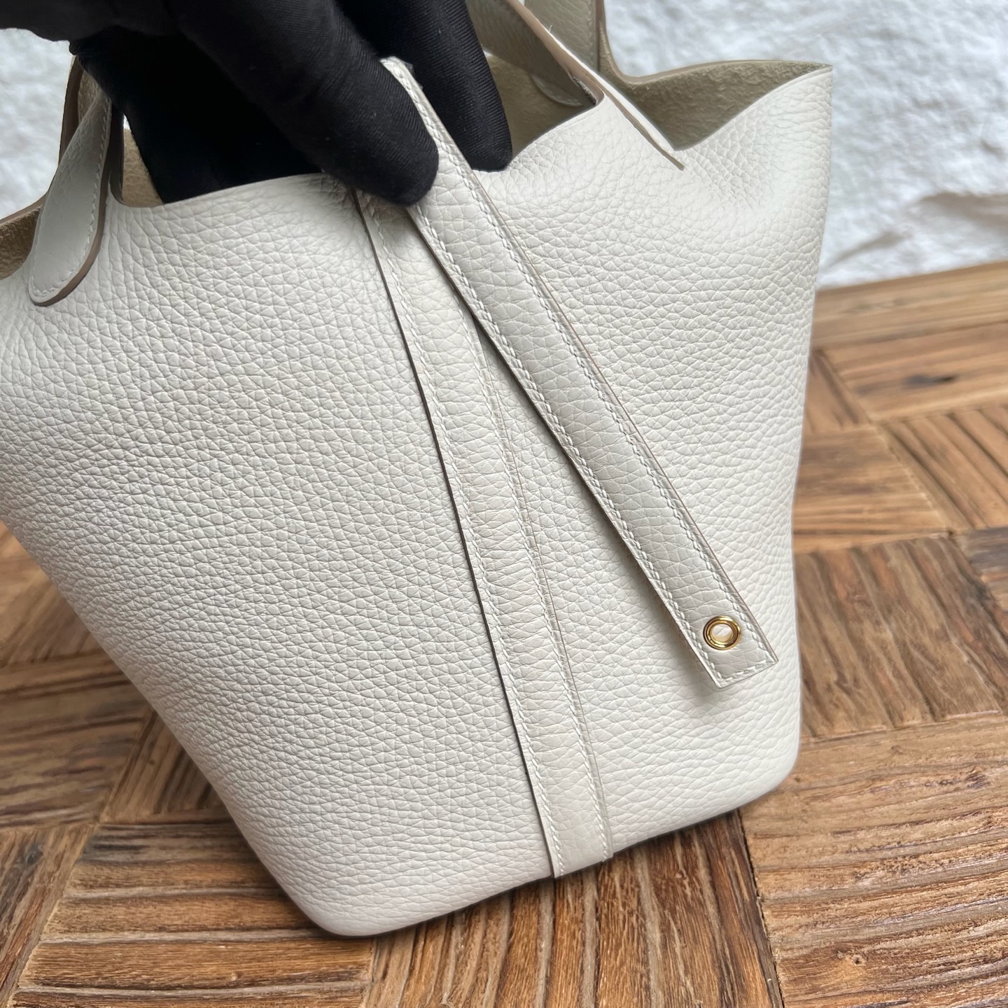 Spot Picotin 18cm Clemence original cow tc leather Color: Ck10 milkshake white, fully handmade wax stitching Gold buckle Stock - Image 3