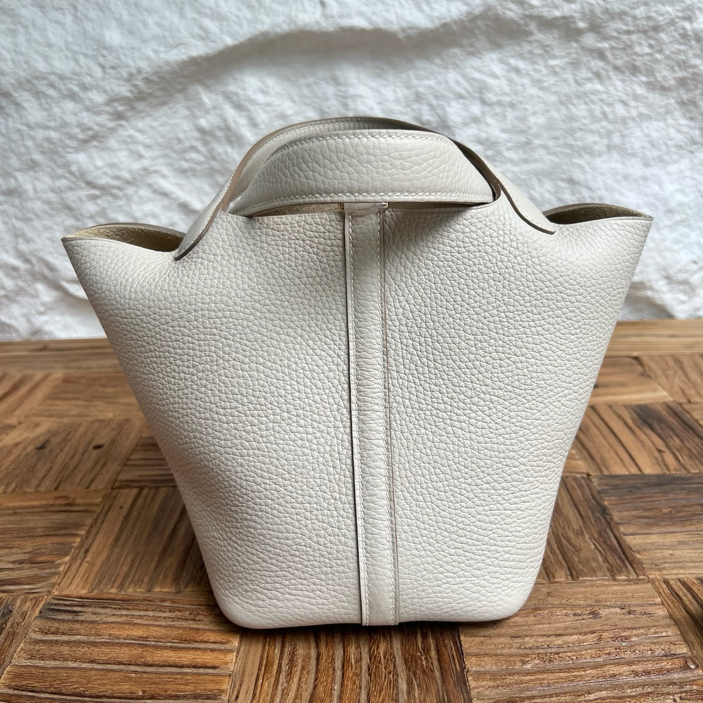 Spot Picotin 18cm Clemence original cow tc leather Color: Ck10 milkshake white, fully handmade wax stitching Gold buckle Stock - Image 5