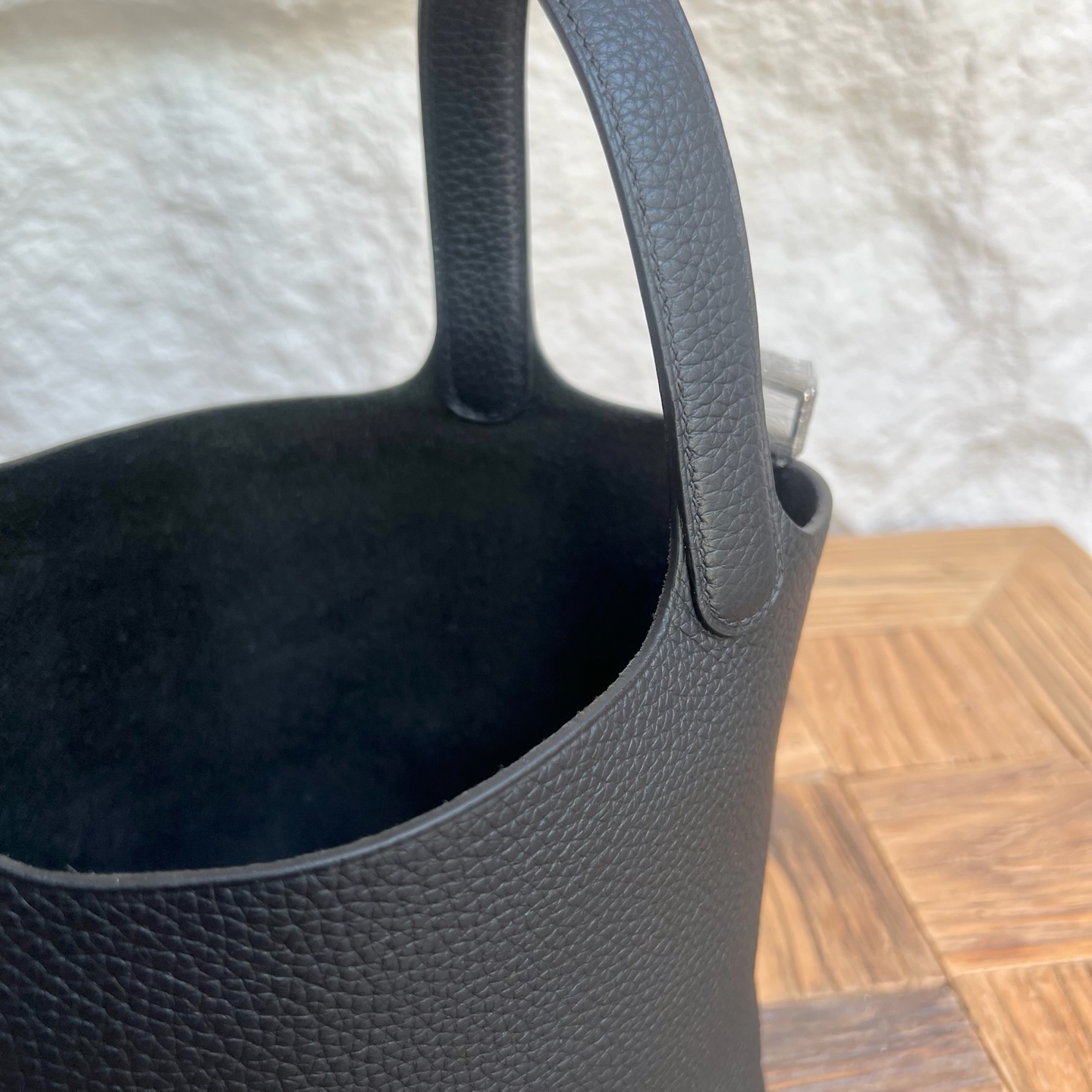 Spot Picotin 18cm Clemence original cow tc leather Color: Ck89 black Noir Top craftsmanship, fully handmade wax thread sewing Phw Stock - Image 5