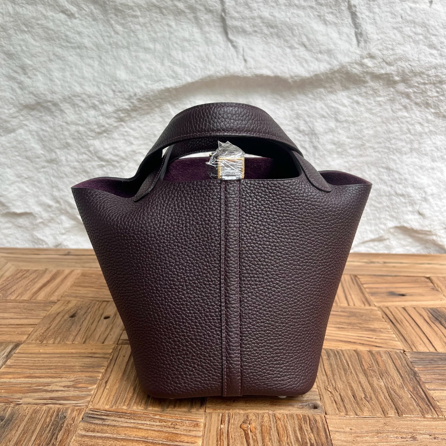 Picotin 18cm Barenia imported grain saddle leather Color: Ck59 grape purple, fully handmade wax thread sewing Gold buckle customized✈️ - Image 3