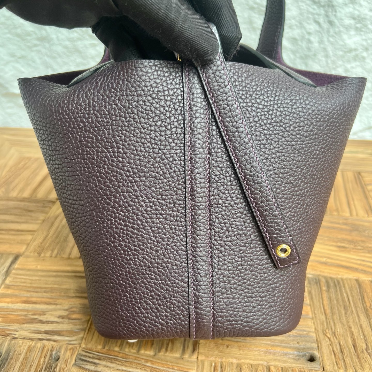 Picotin 18cm Barenia imported grain saddle leather Color: Ck59 grape purple, fully handmade wax thread sewing Gold buckle customized✈️ - Image 4